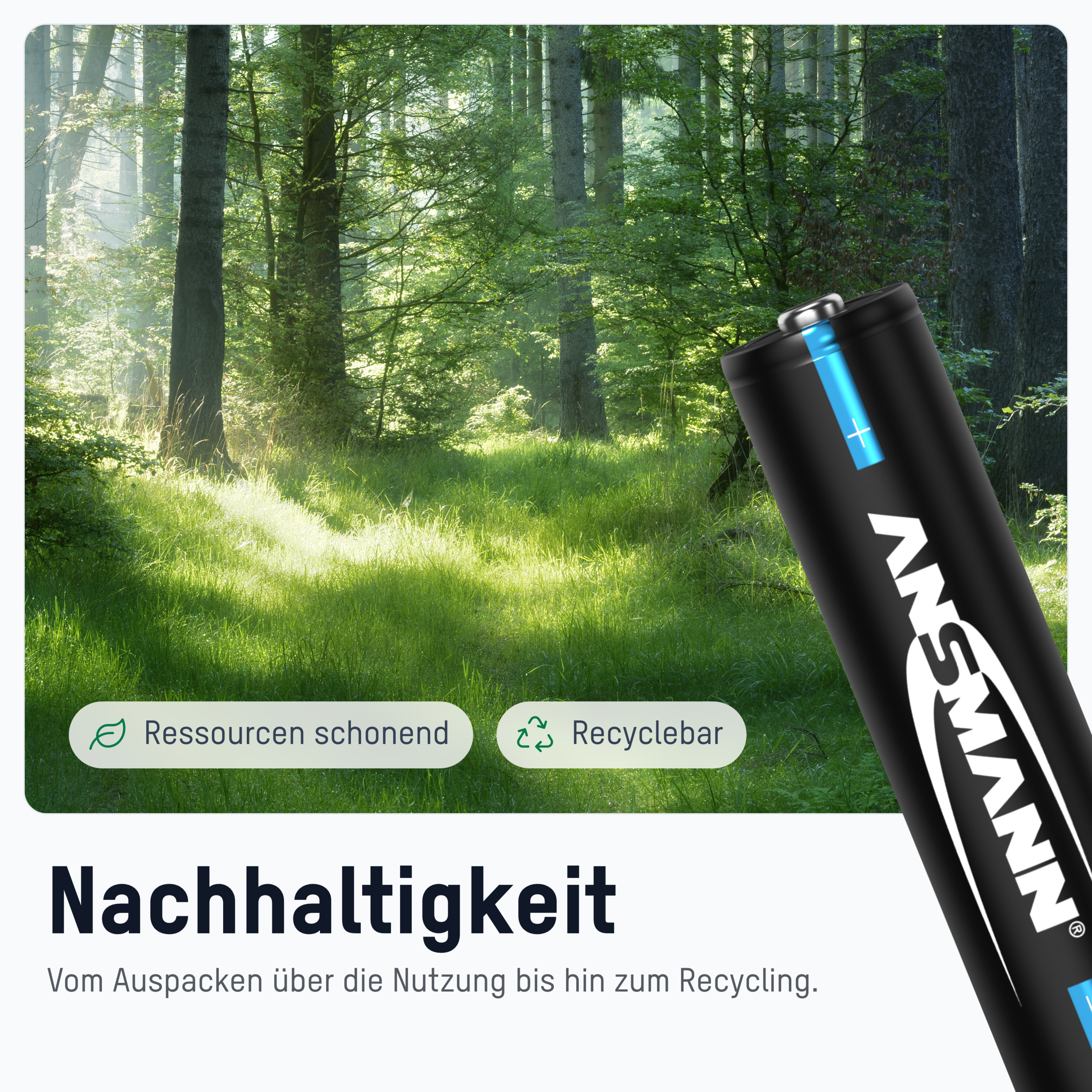 AA-Batterie mit Text und Waldbild im Hintergrund.