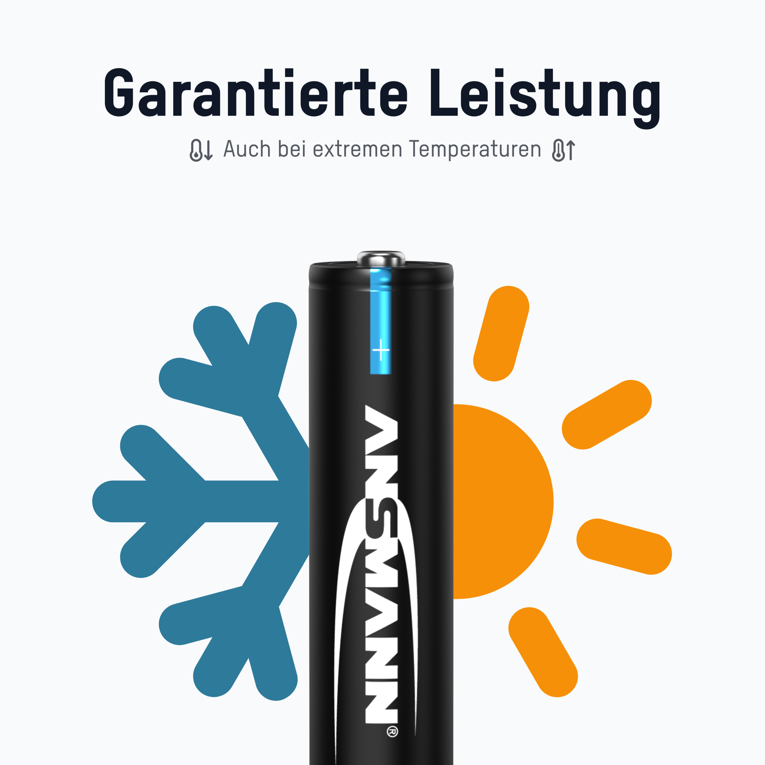 Eine Batterie mit Text und Symbolen, die eine Schneeflocke und Sonne zeigen, Temperatur darstellend.