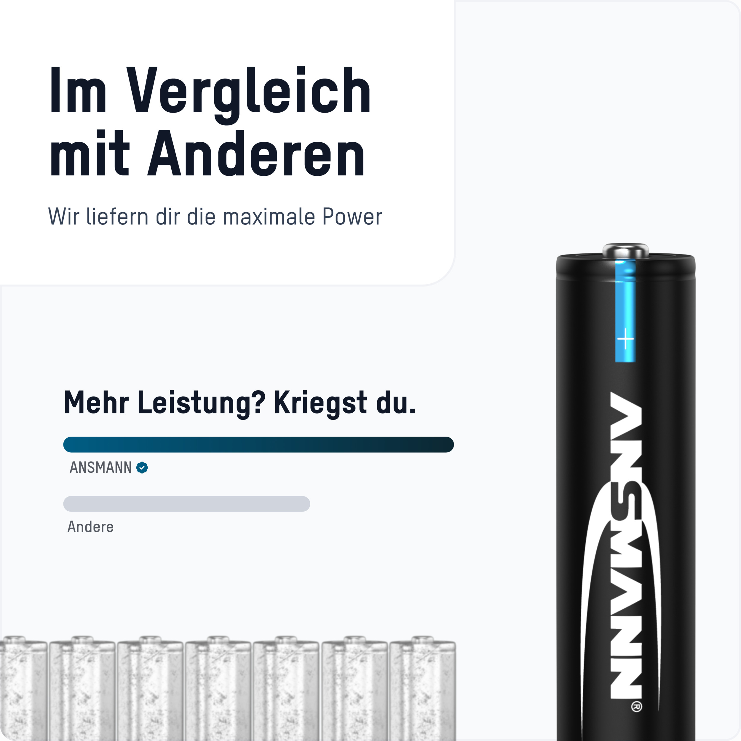 Bild einer Batterie. Text besagt 'Mehr Leistung? Kriegst du.' und 'ANSMANN'.