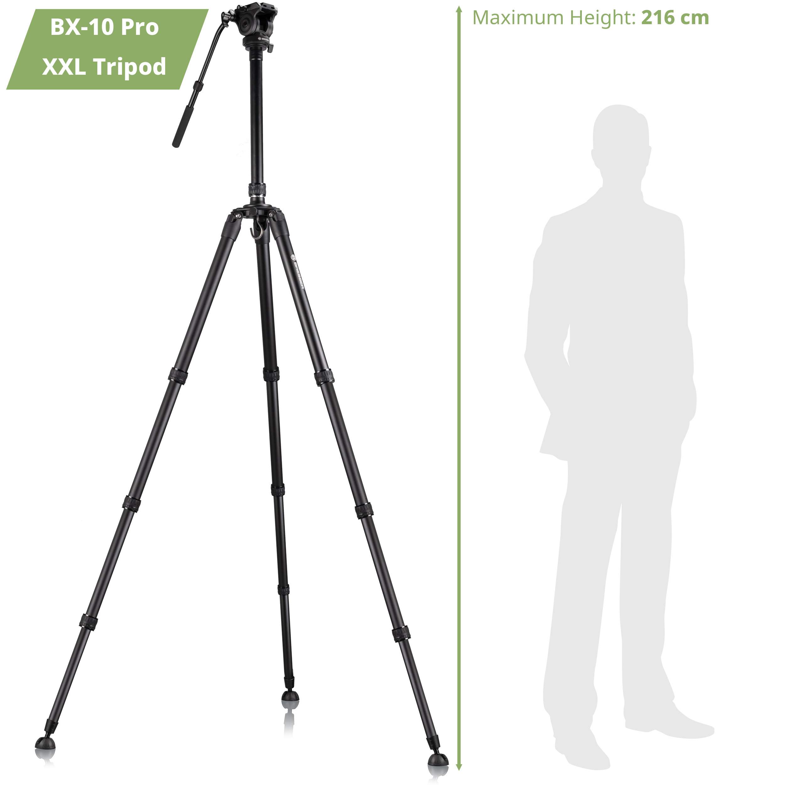 Trípode negro con una altura máxima de 216 cm, etiquetado BX-10 Pro. Una silueta junto a él.