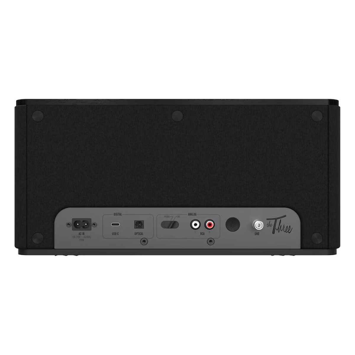 Zwarte audiospeaker met achterpaneel met aansluitpoorten en de merknaam.