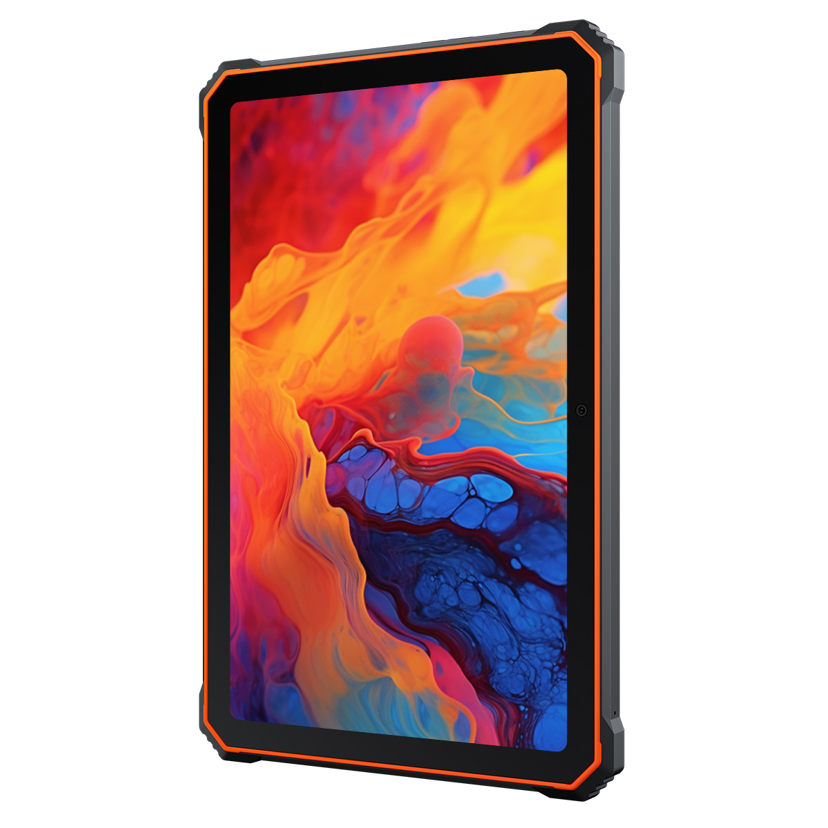 Een zwart-oranje tablet met een robuust ontwerp, gepresenteerd op een witte achtergrond.
