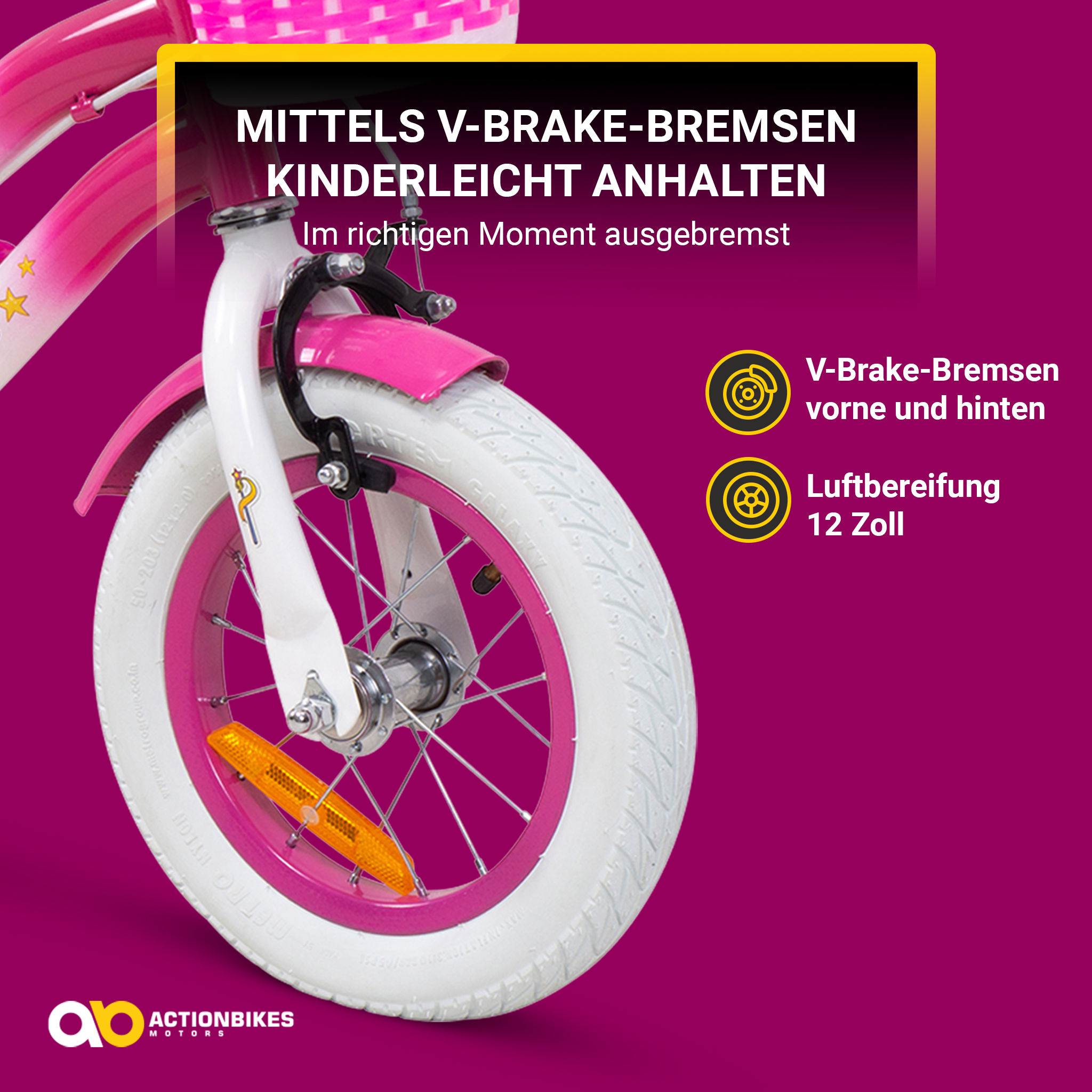Rosa Fahrradrad, weißer Reifen und Sicherheitsreflektor. Text: V-Brake-Bremsen.