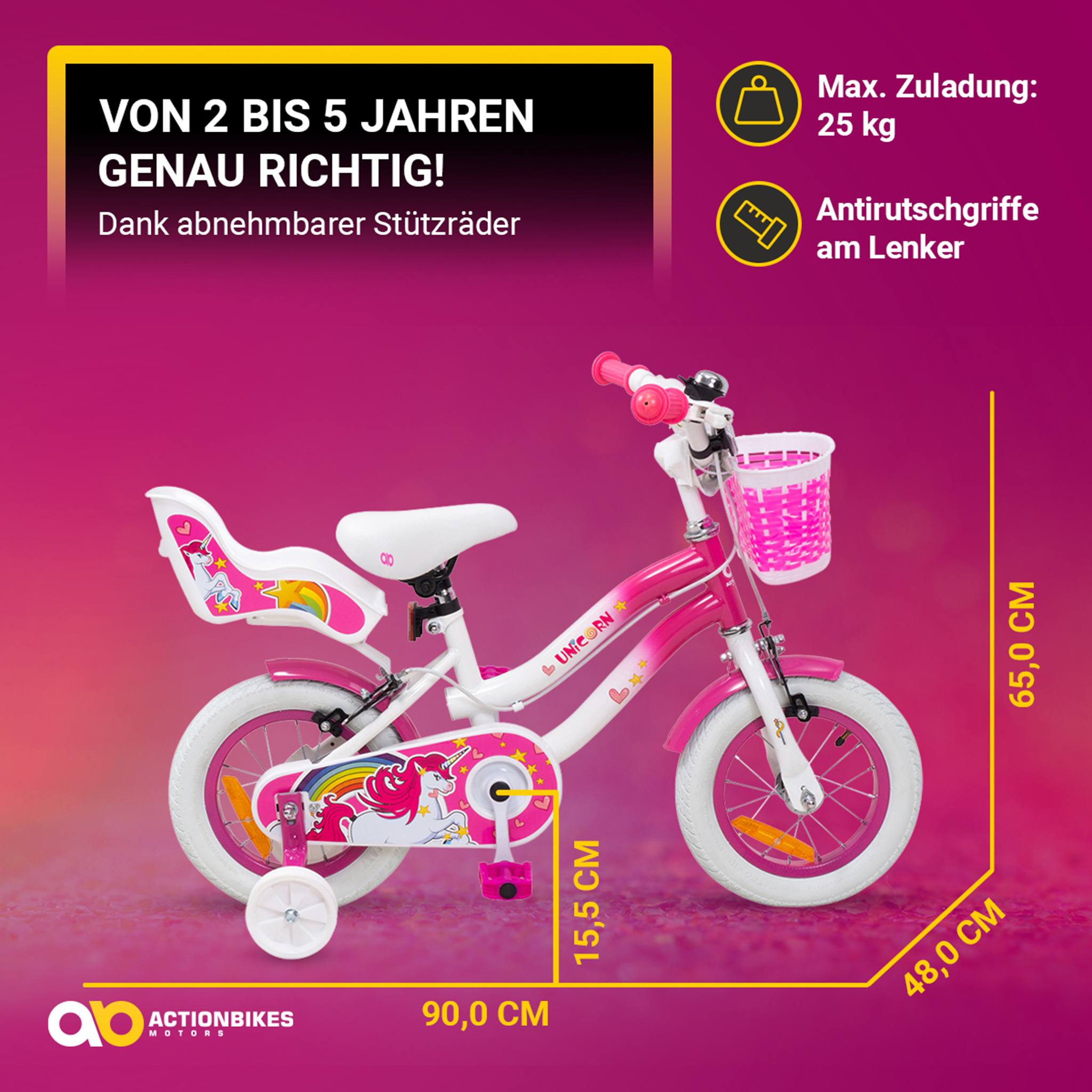 Rosa-weißes Kinderfahrrad mit Stützrädern, Korb und Einhorn-Design. Text: 2 bis 5 Jahre.