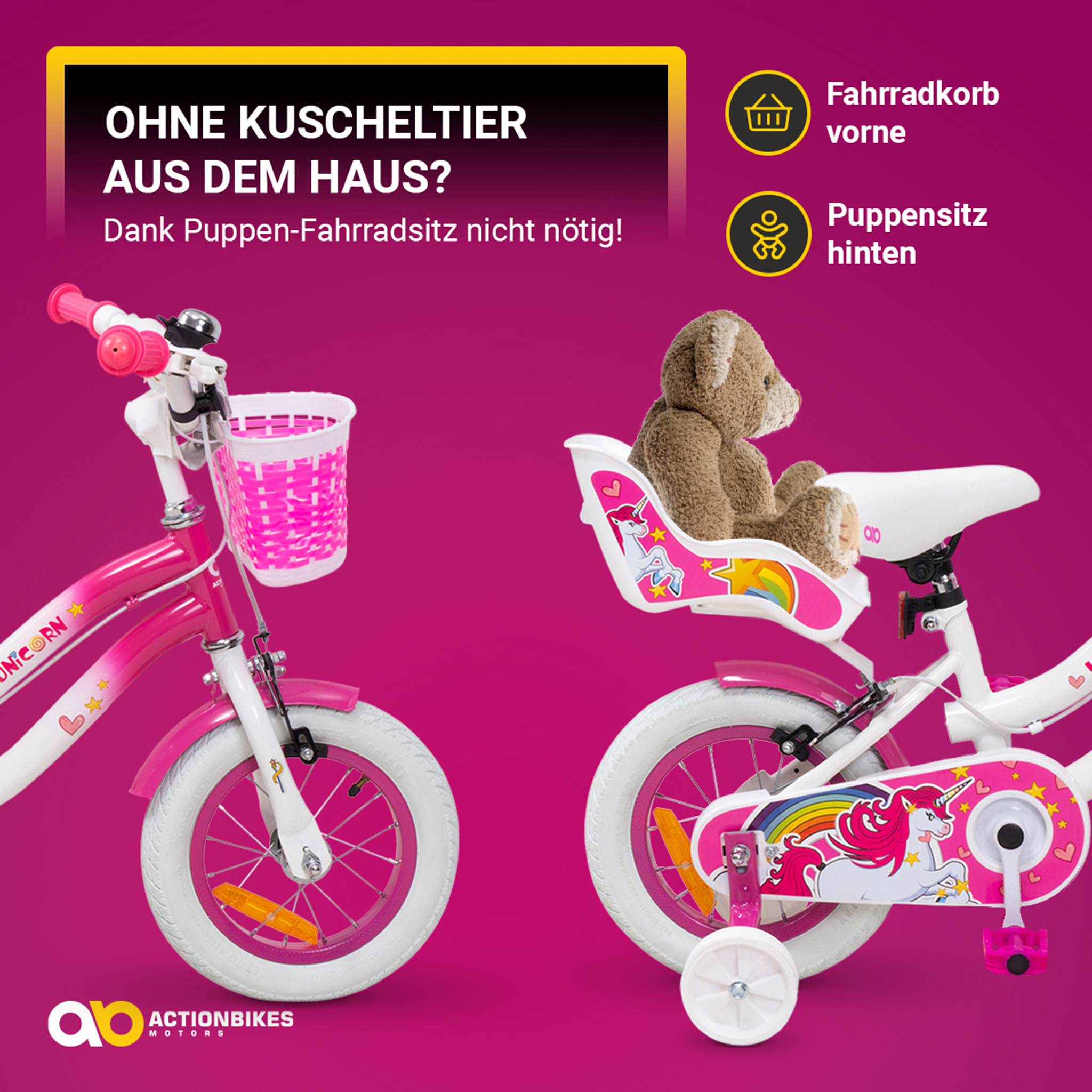 Ein rosa Fahrrad mit einem vorderen Korb und einem Rücksitz mit einem Teddybären auf rosa Hintergrund.