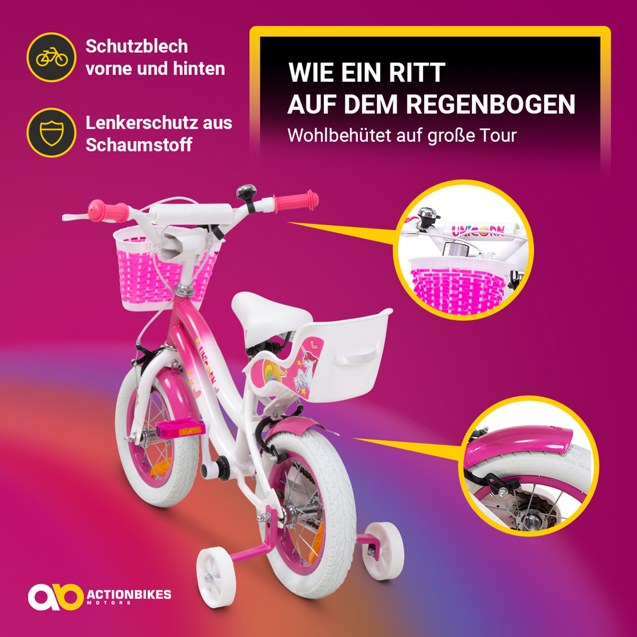Rosa-weißes Kinderfahrrad mit Korb und Stützrädern. Das Design beinhaltet eine Einhorn-Grafik.
