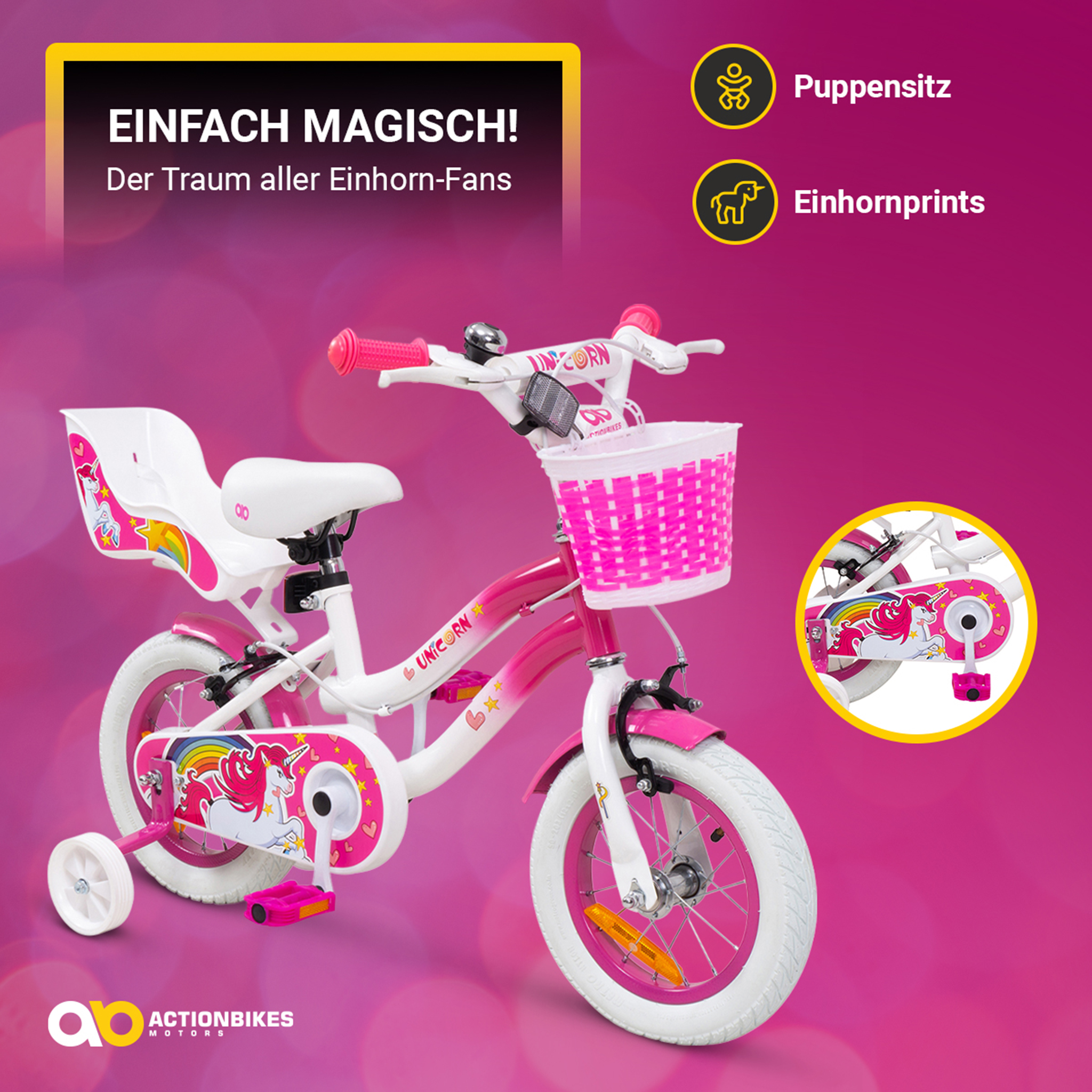 Rosa-weißes Einhorn-Fahrrad für ein Kind, mit Stützrädern und Korb.