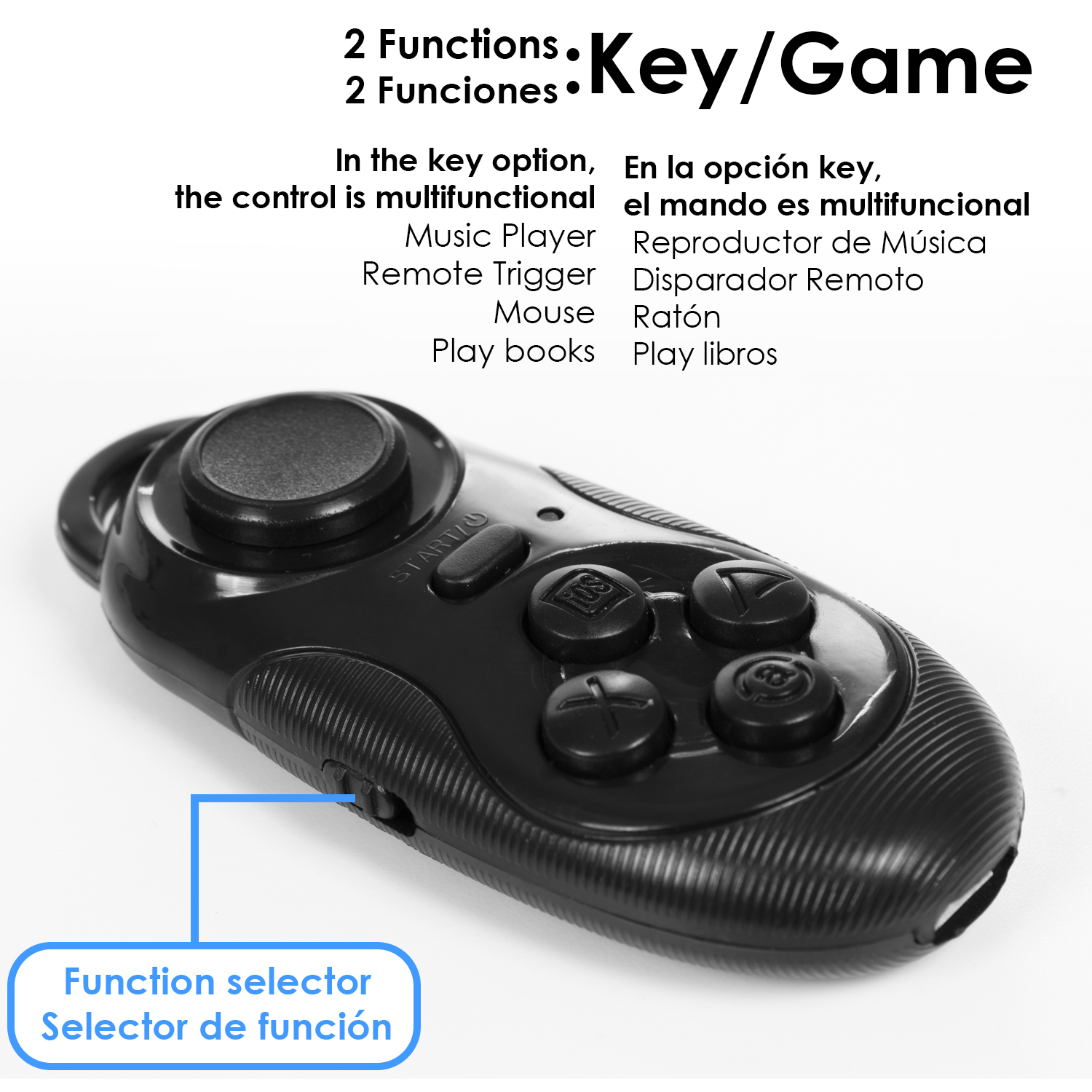 Controlador de juego negro con botones y selector de funciones, con texto en inglés y español.