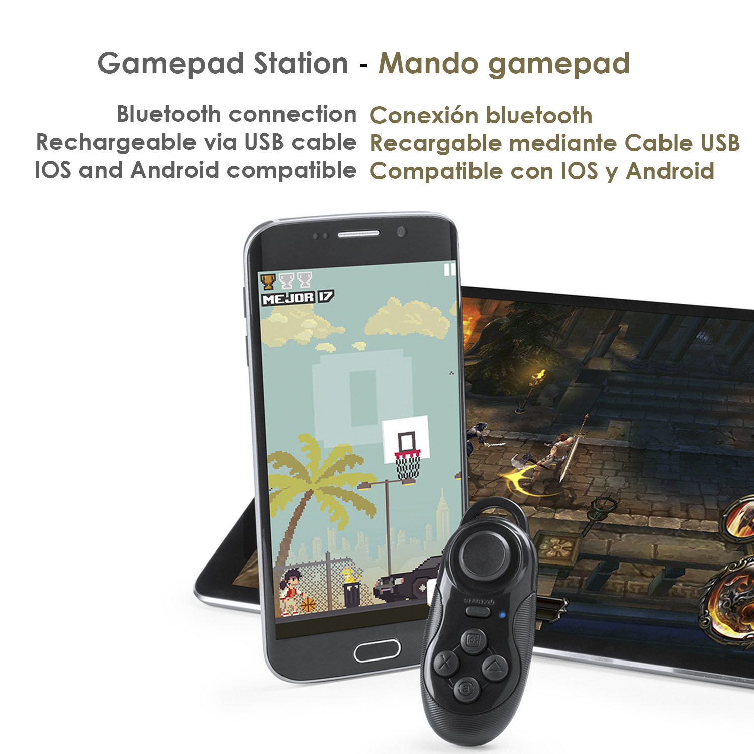 Un smartphone y una tableta con un controlador y una pantalla de juego.