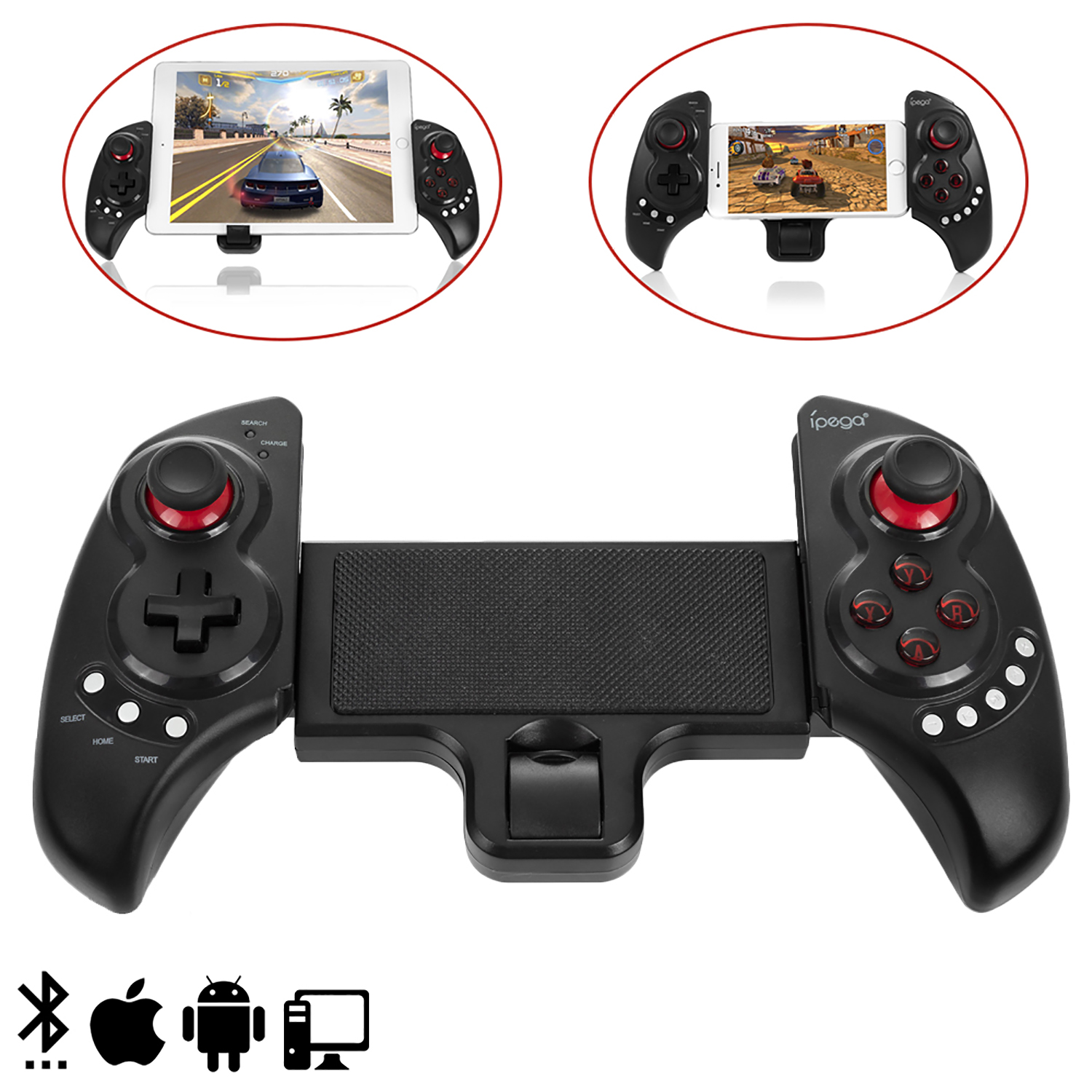 Mando de juegos para tableta y teléfono. Dos dispositivos conectados. Iconos Bluetooth, Apple, Android, PC.