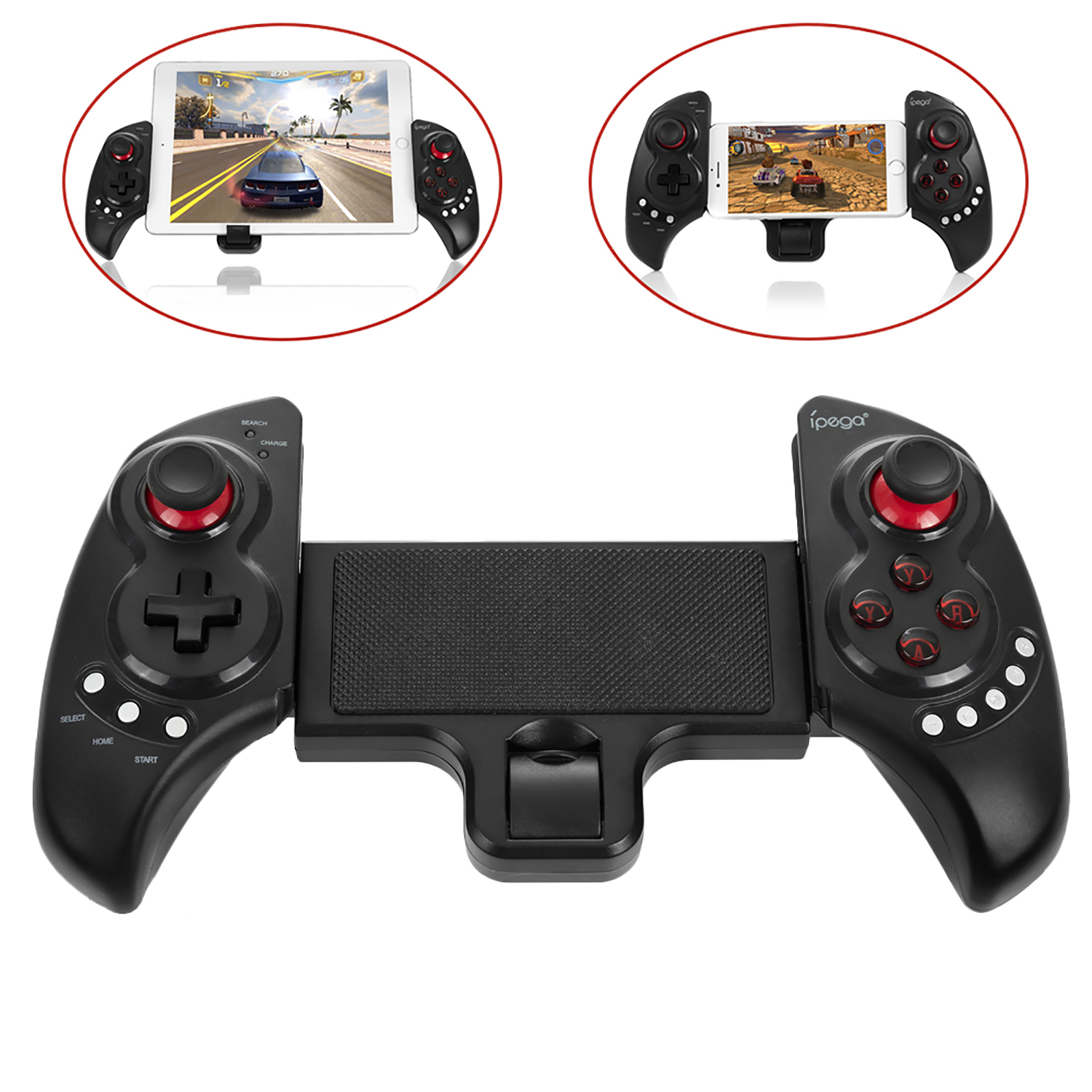Dos mandos de juego para tableta y teléfono. Los mandos son negros con botones y joysticks rojos.