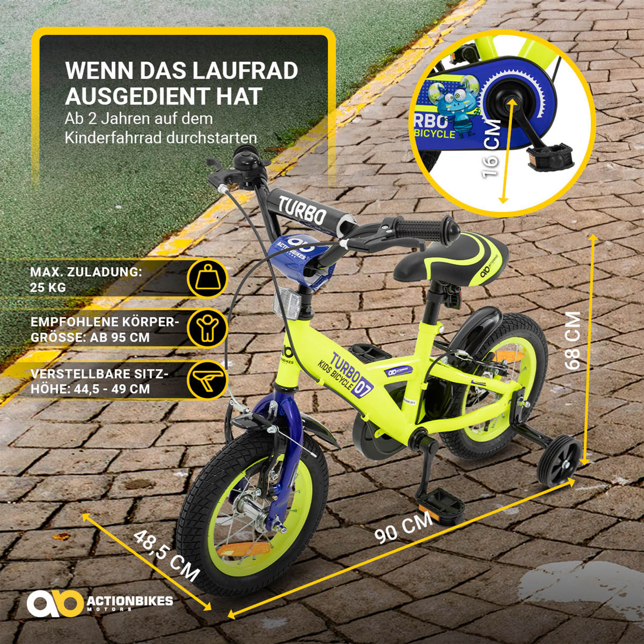 Ein limettengrünes und blaues Kinderfahrrad mit Abmessungen und Text.
