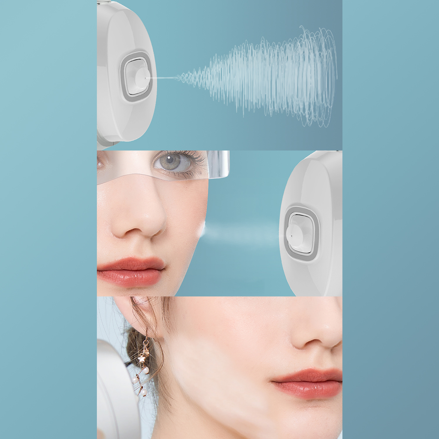 Primer plano de una mujer usando un dispositivo de spray facial, con vista del dispositivo y su rostro.
