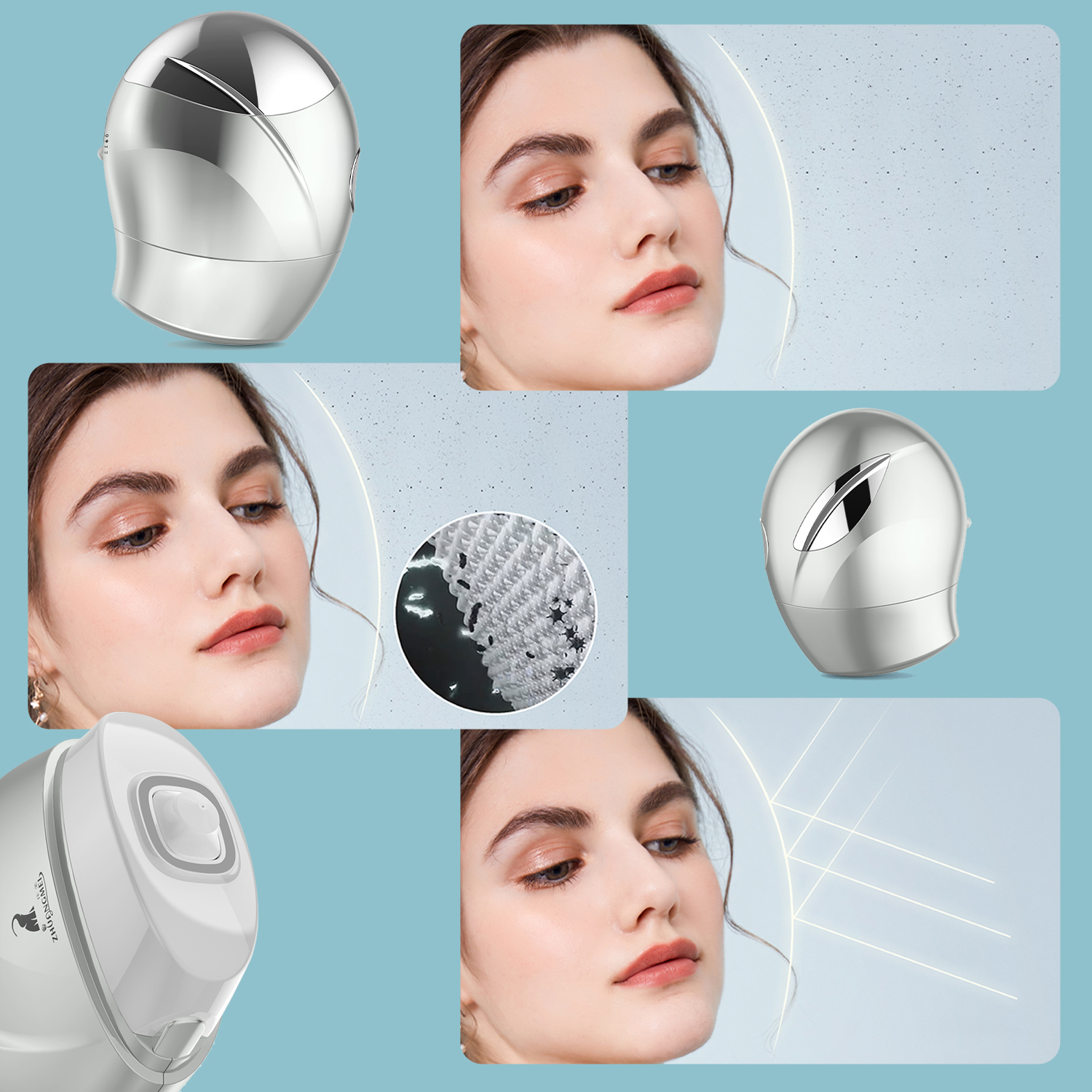 Collage de la cara de una mujer y un dispositivo de belleza blanco. El dispositivo es plateado y blanco.