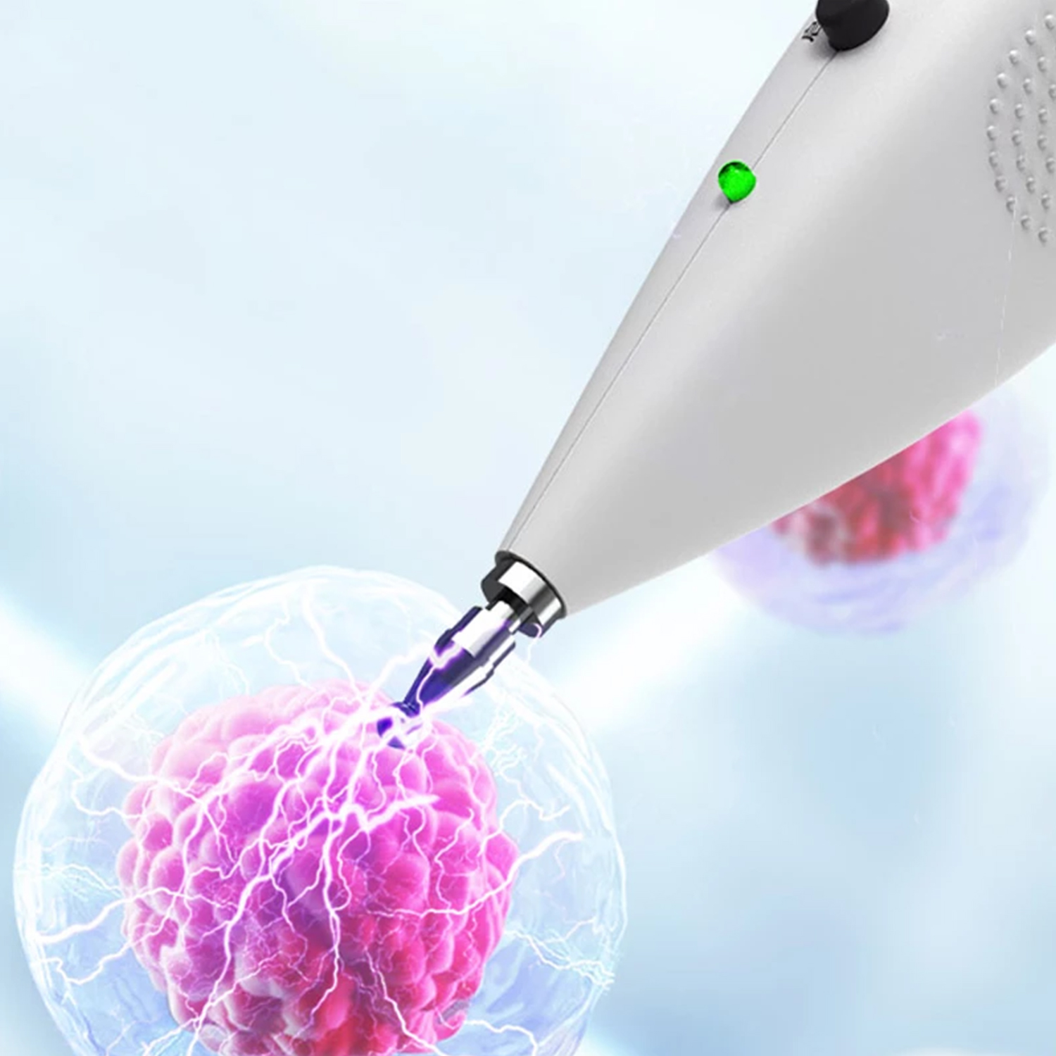Un dispositivo bianco emette un raggio di luce verso una cellula. La cellula è rosa e circondata da un'aura blu.