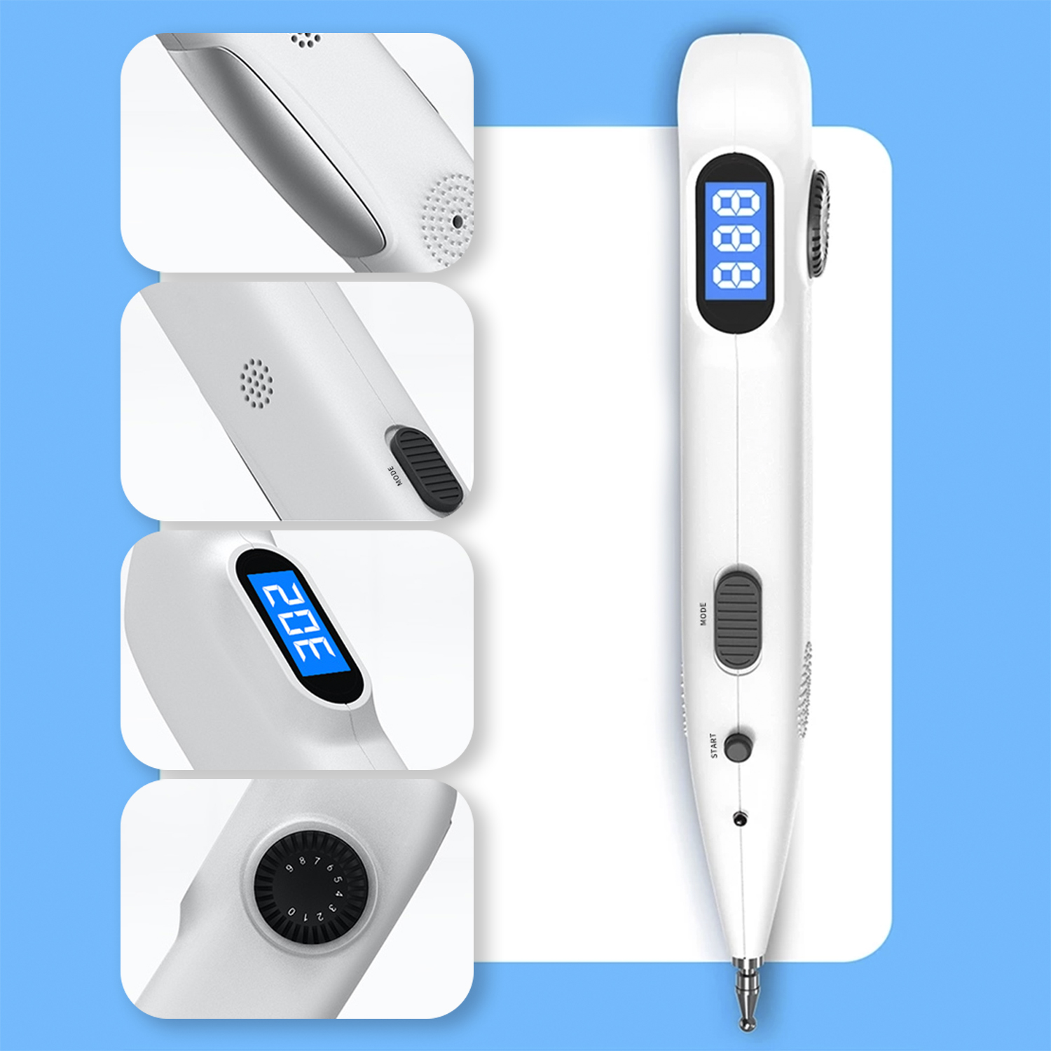 Penna per agopuntura bianca con display digitale, pulsanti modalità e avvio. Sfondo blu.