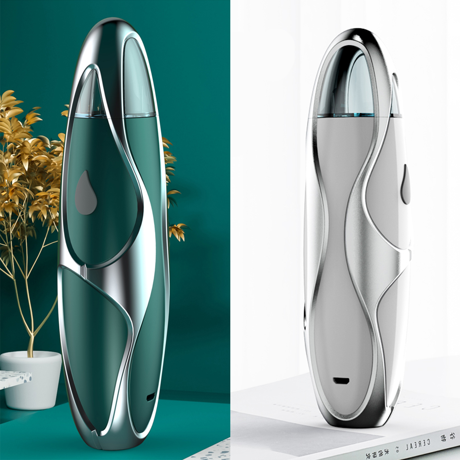 Due contenitori allungati, verde e bianco, con un design a forma di goccia, su sfondo verde acqua.