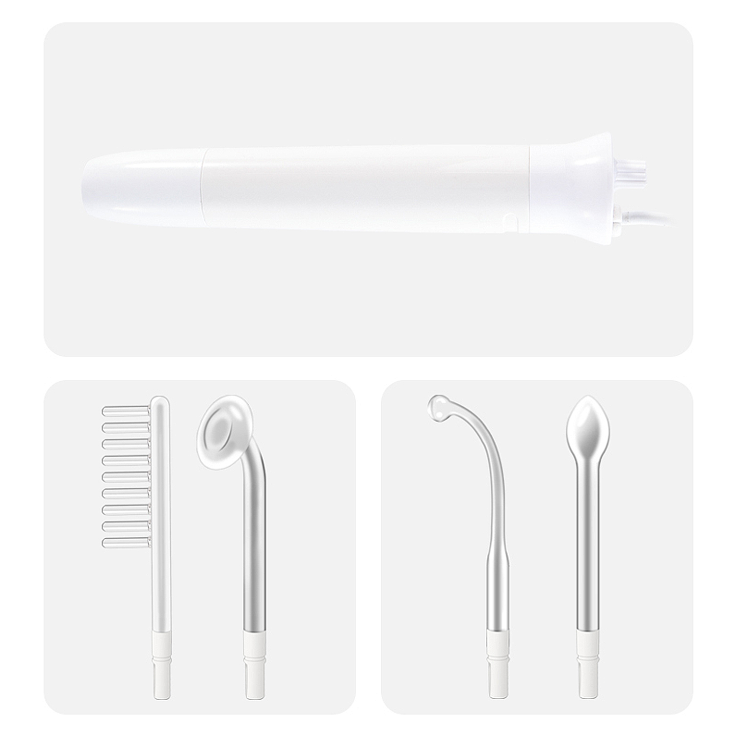 Tres accesorios para un dispositivo de tratamiento de la piel. Blancos, con puntas de vidrio. Peine, bola, curvo y cuchara.