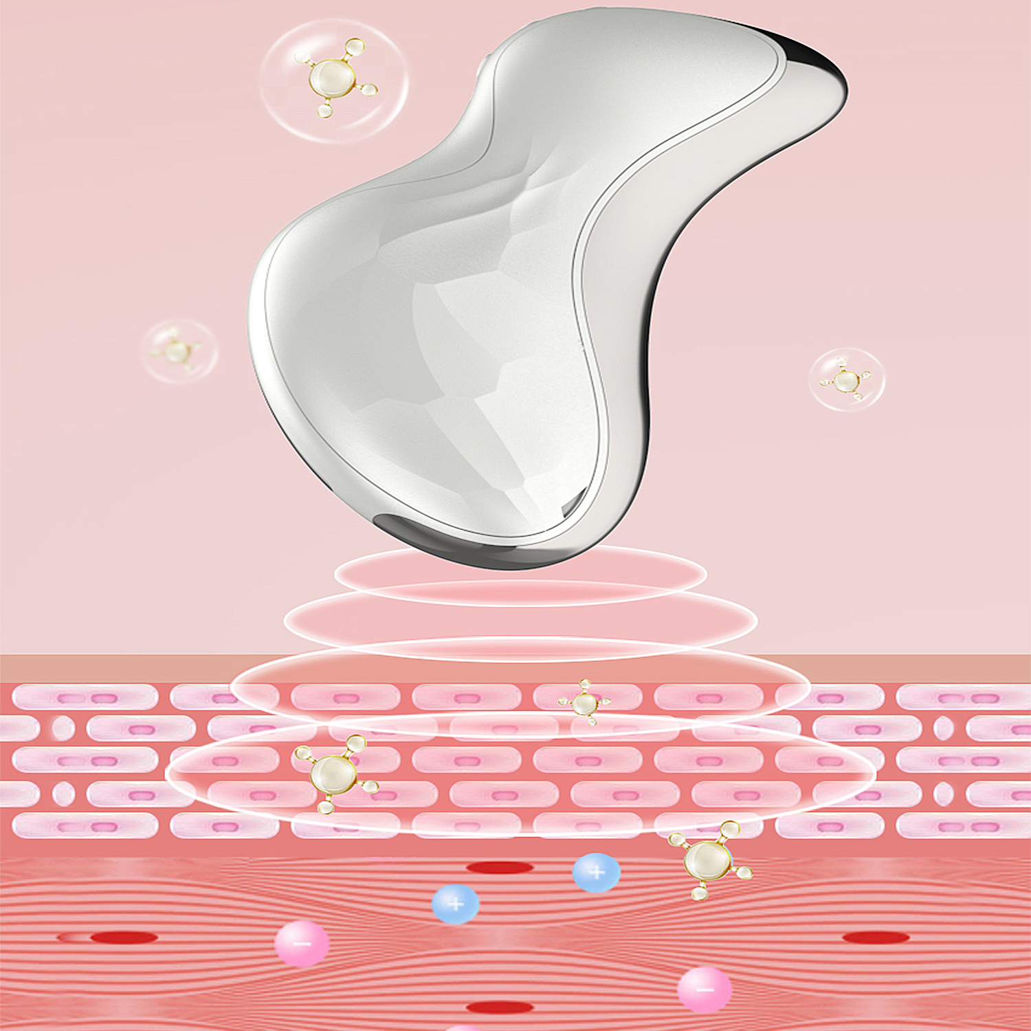 Un masajeador facial plateado flota sobre capas de piel con partículas animadas y fondo rosa.