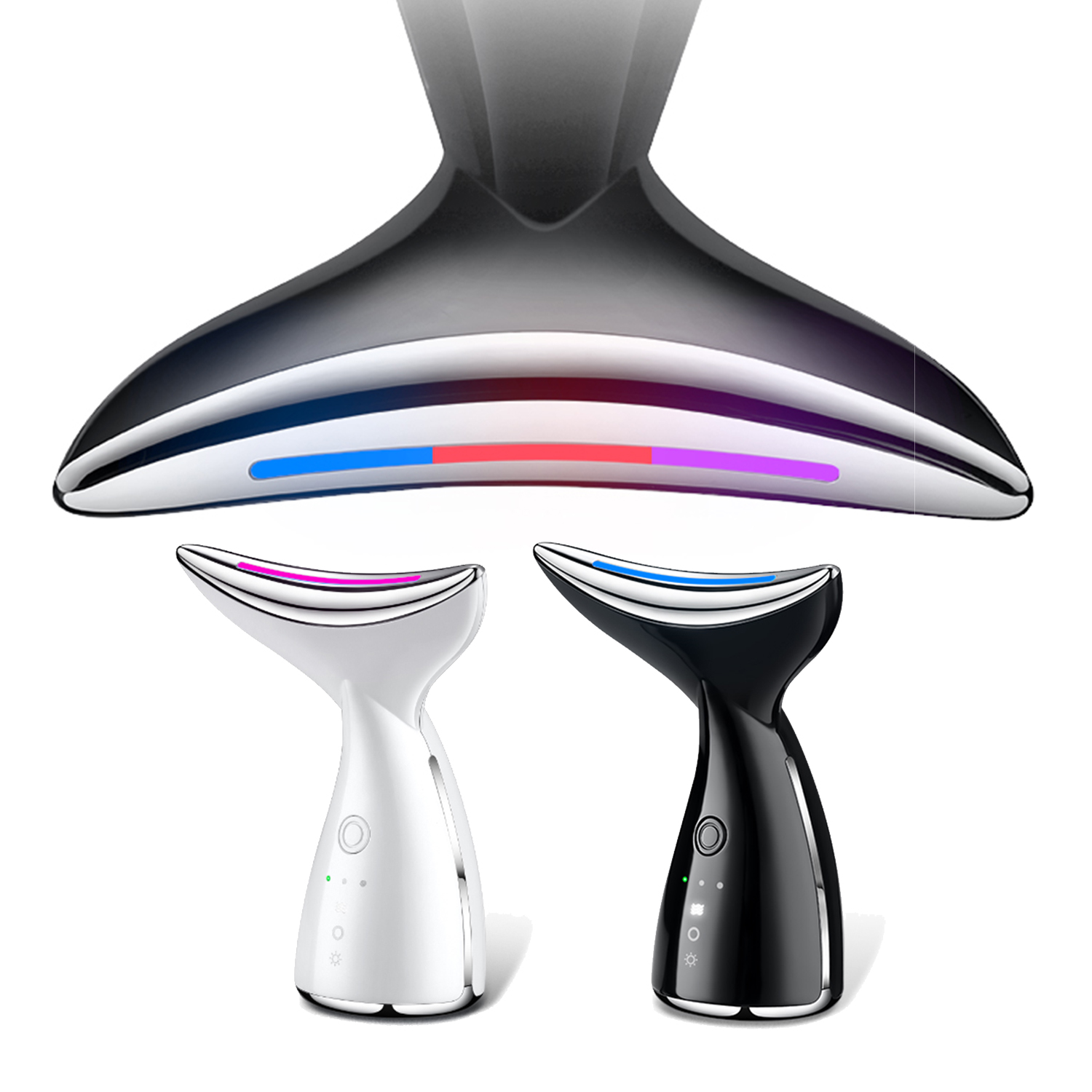 Tres dispositivos de masaje facial. Dos blancos y negros, muestran luces de colores. El tercero es cromado con luces.