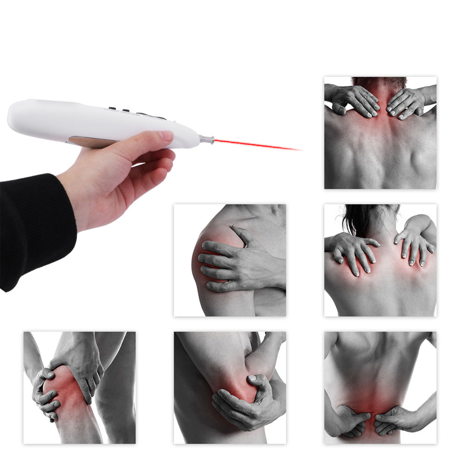 Mano sosteniendo un dispositivo láser blanco. Imágenes de áreas dolorosas: cuello, hombro, rodilla, espalda. Resaltado en rojo del dolor.