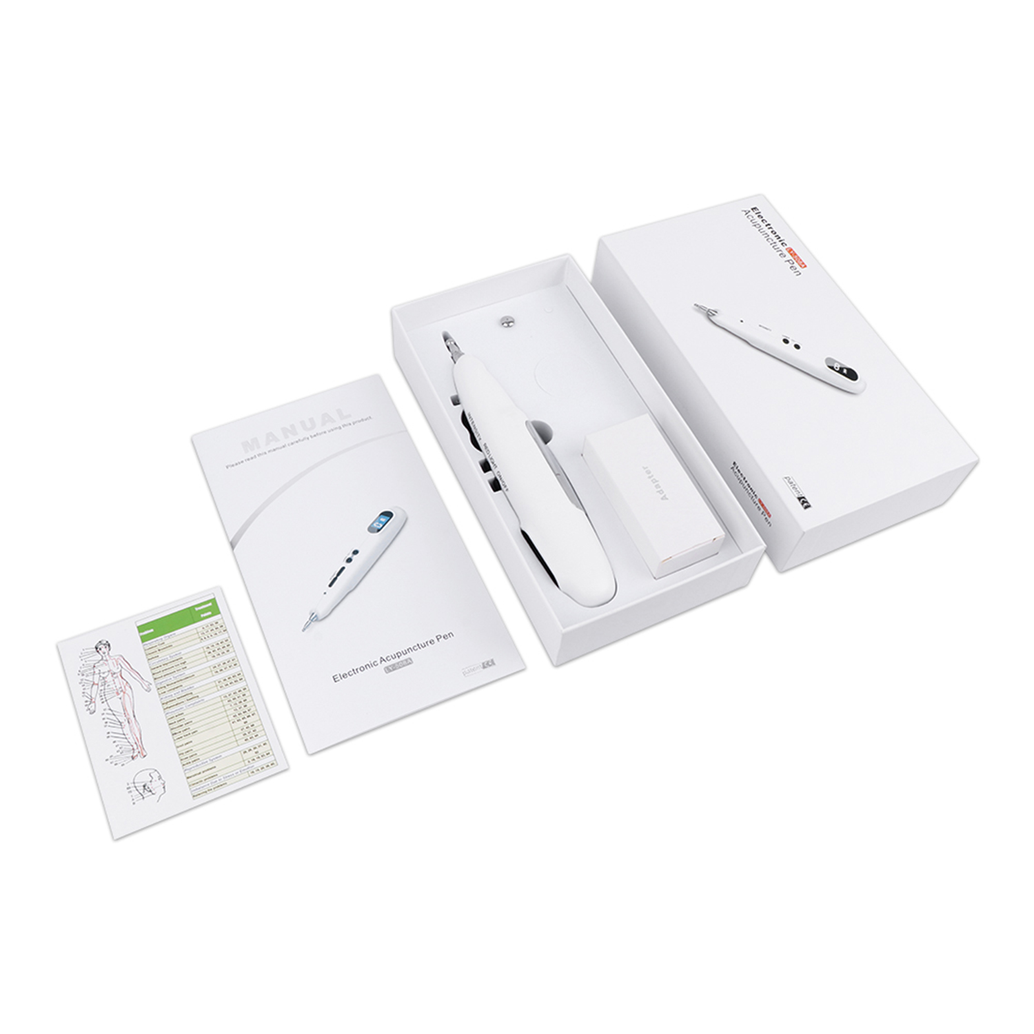 Kit de bolígrafo de acupuntura electrónico, con bolígrafo, cargador y manual. Fondo blanco.