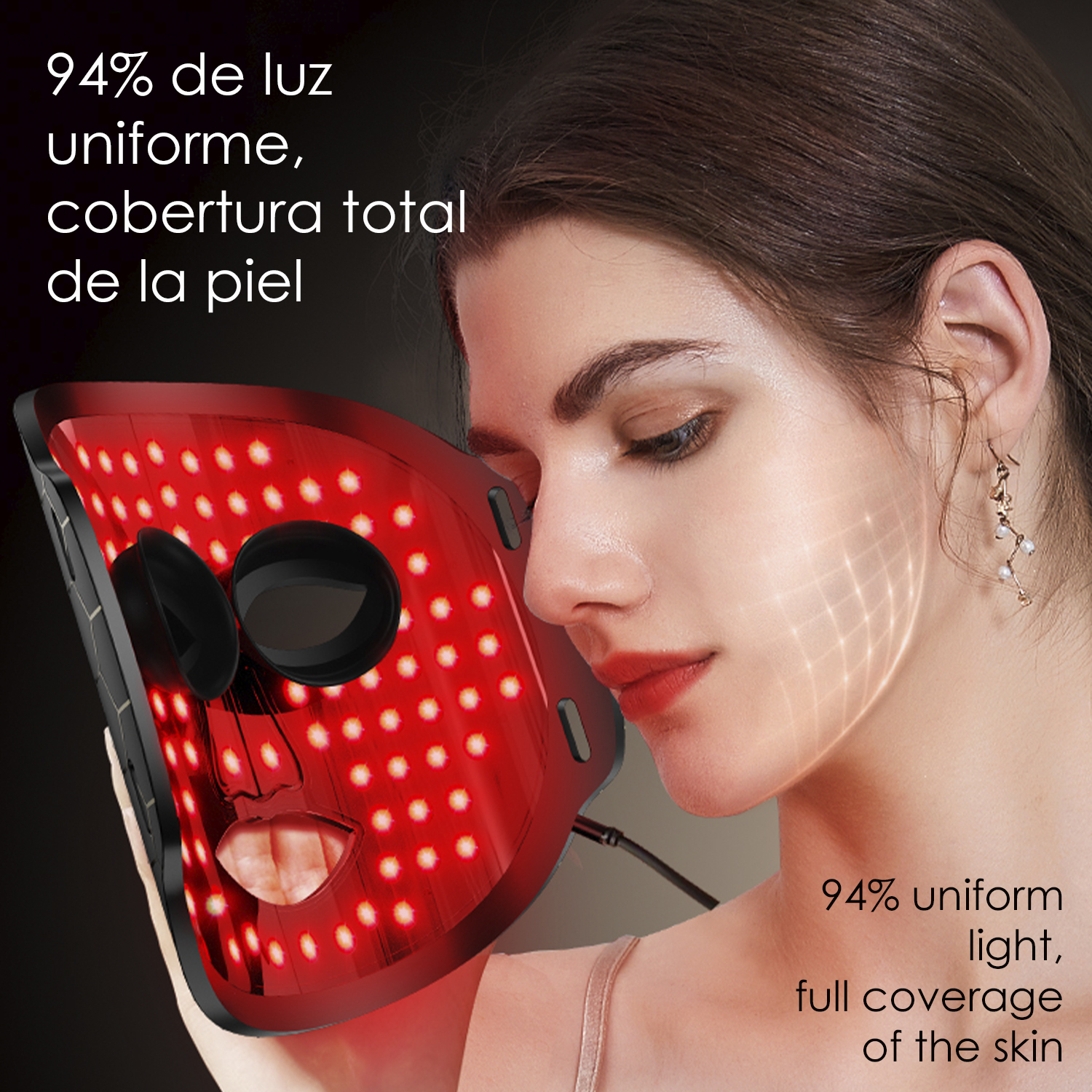 Mujer con mascarilla LED roja. Texto sobre luz uniforme y cobertura de la piel se muestra.