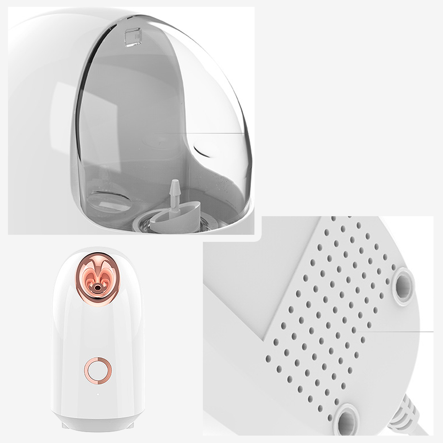Vaporizador facial mostrando detalles del depósito de agua y la salida de vapor. El dispositivo es blanco.