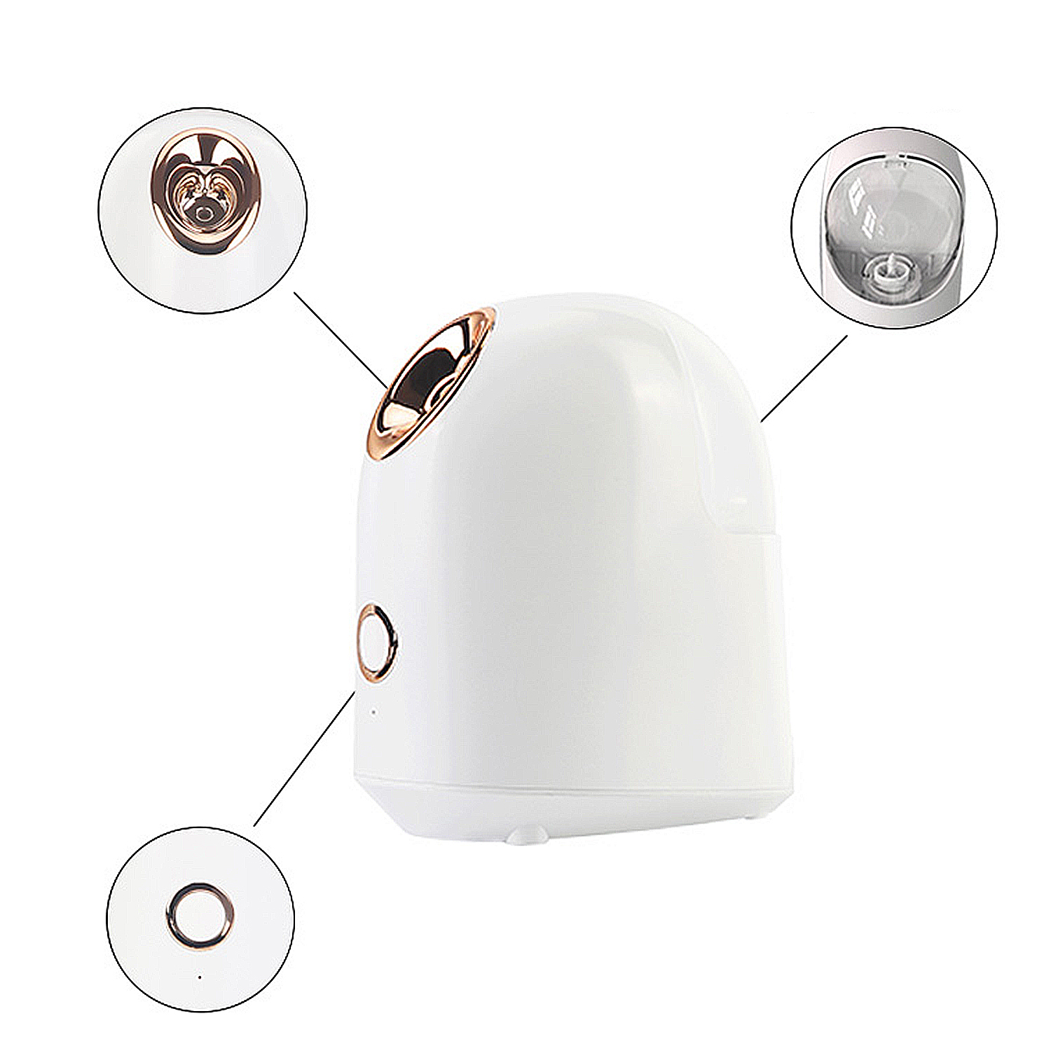 Un vaporizador facial blanco con detalles dorados. Detalles: vistas superior, lateral e inferior. Aislado sobre blanco.