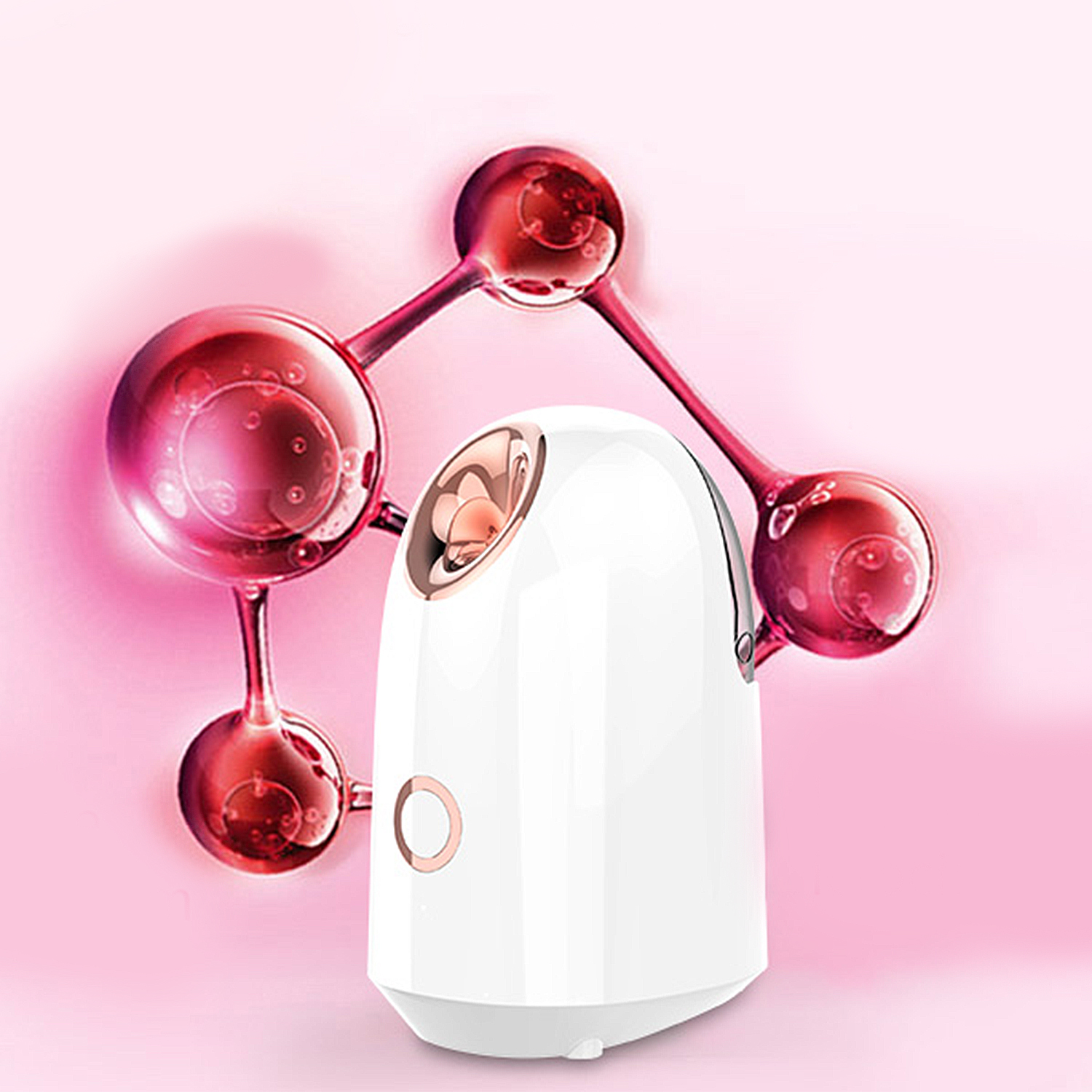 Vaporizador facial blanco con un acento dorado y estructuras de moléculas rojas sobre fondo rosa.