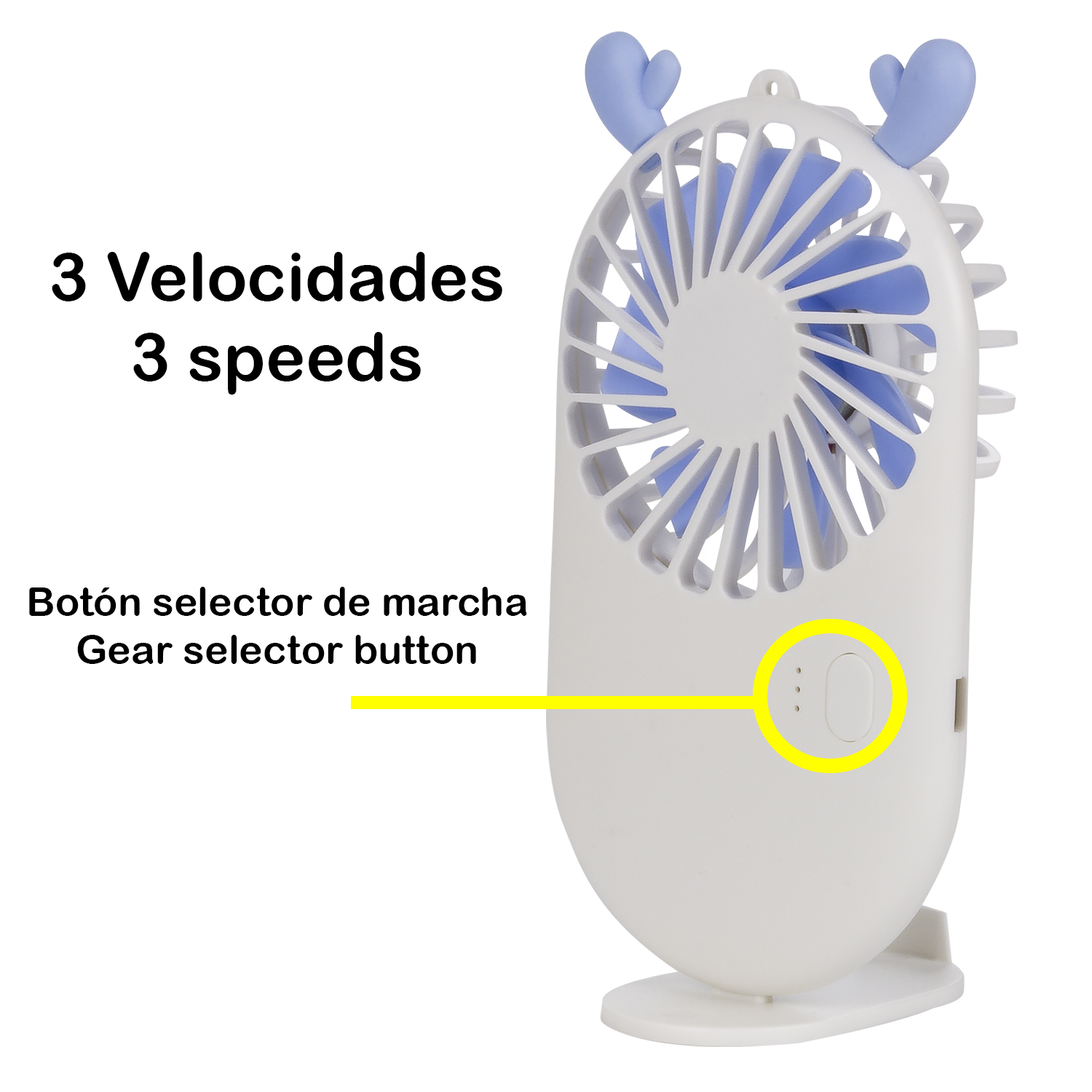Ventilatore portatile bianco con dettagli blu. Ha un pulsante selettore marcia.