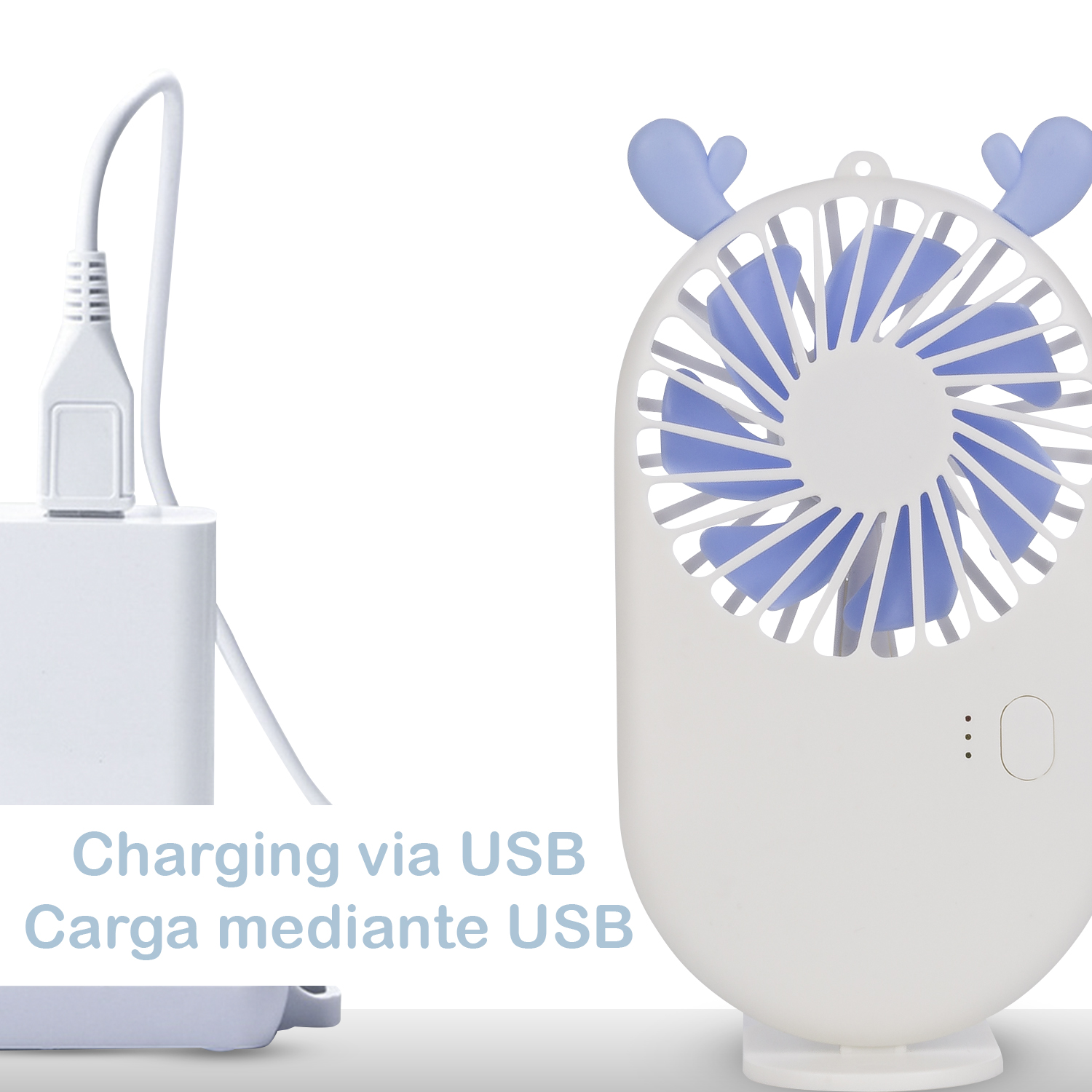 Ventilatore portatile bianco, pale blu, ricarica USB. Cavo di ricarica collegato.