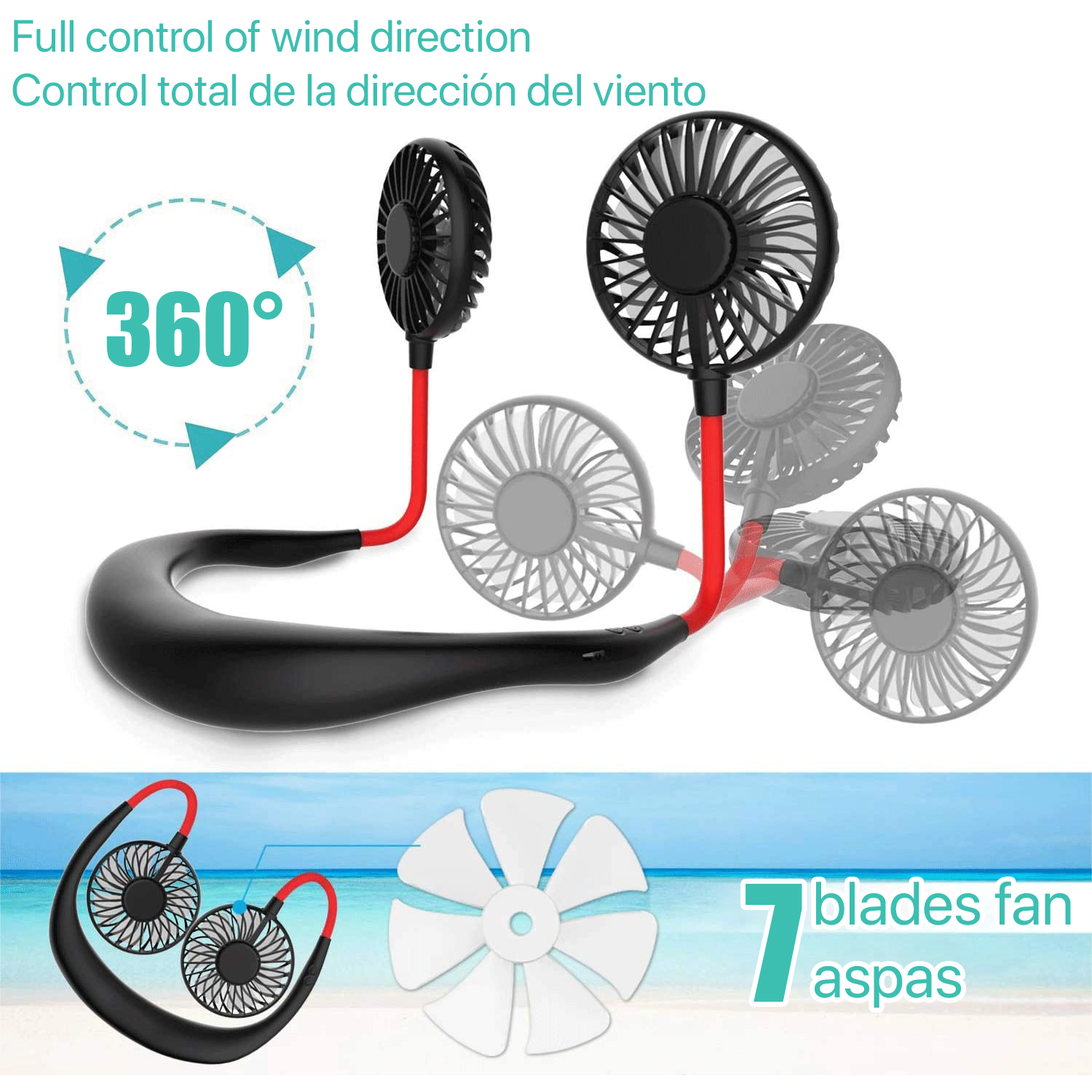 Ventilatore da collo nero e rosso con 7 pale e rotazione a 360 gradi, con pale del ventilatore visualizzate.