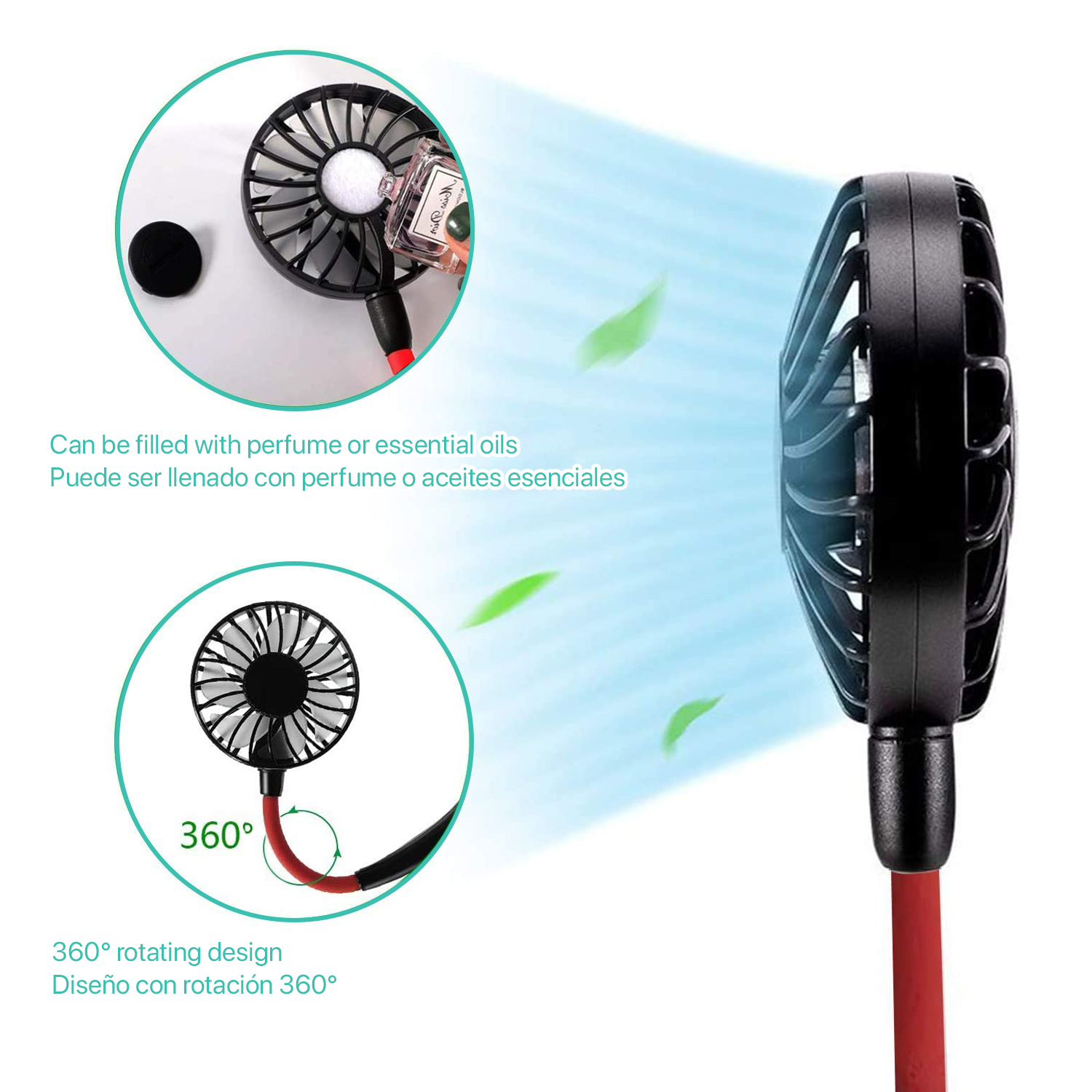 Un ventilatore da collo nero con un cavo rosso. La ventola è mostrata in uso, con flusso d'aria blu.