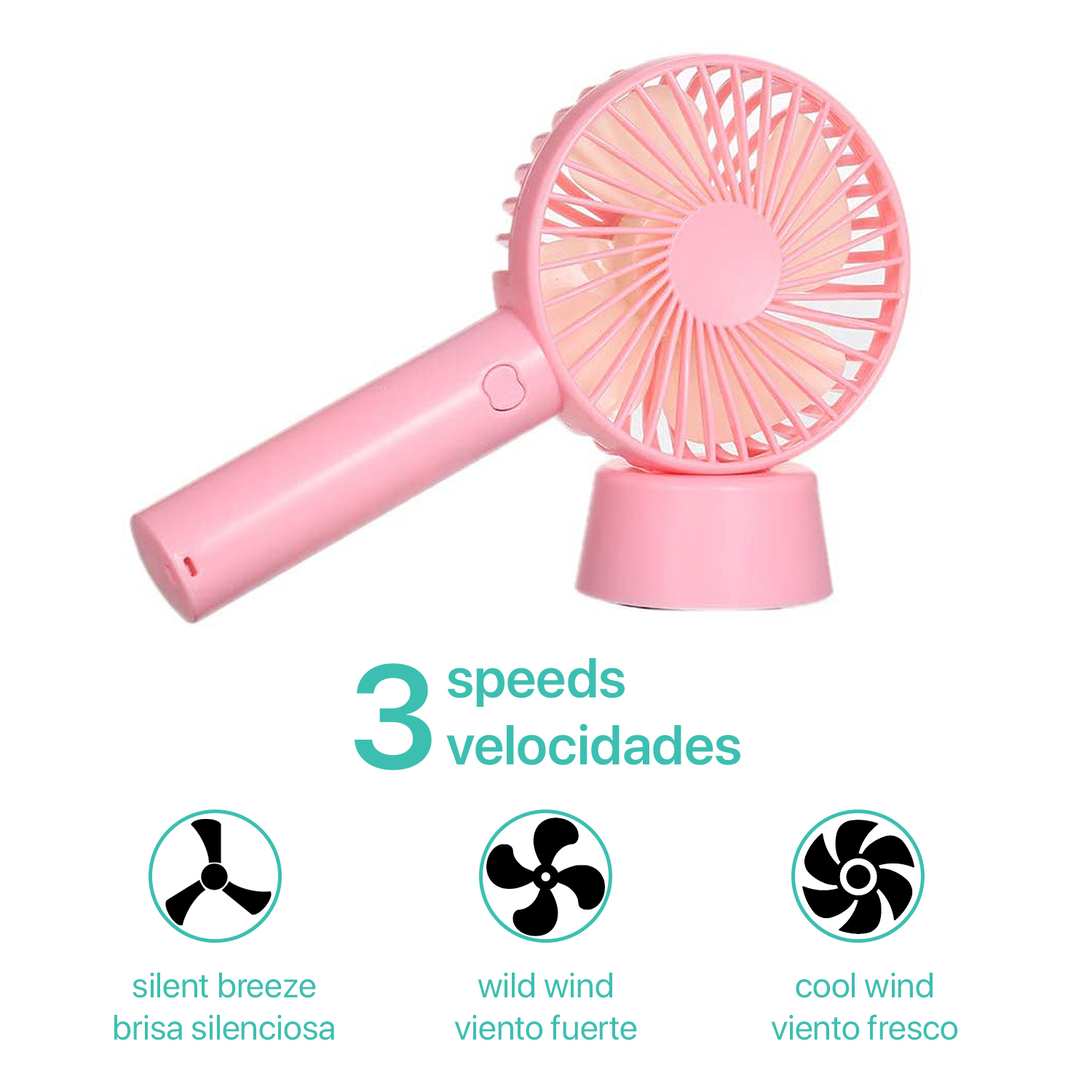 Ventilatore portatile rosa con tre impostazioni di velocità. Le icone mostrano le opzioni vento silenzioso, forte e fresco.
