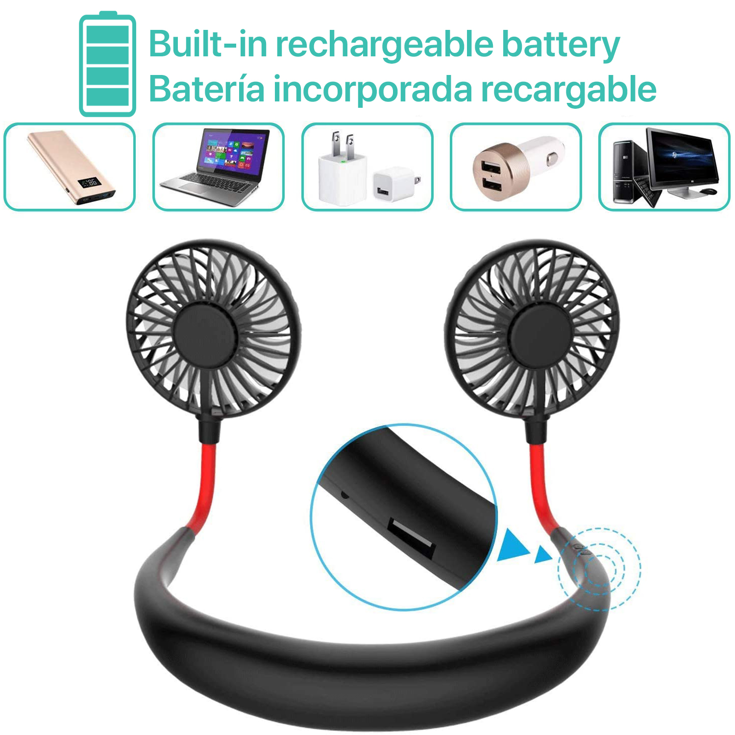 Ventilatore da collo nero con dettagli rossi. Ha due ventole e una porta di ricarica. Sono raffigurati un laptop e un telefono.
