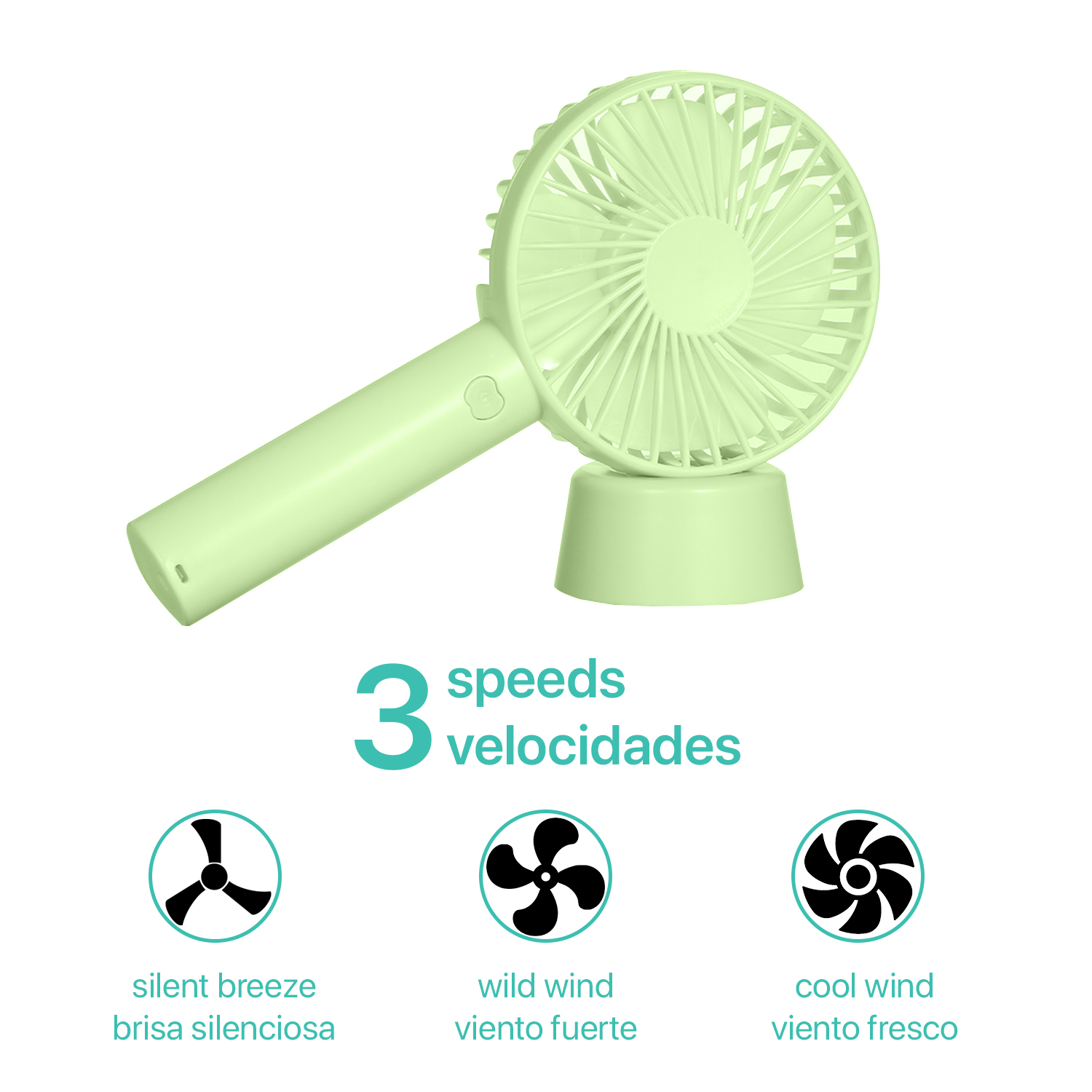 Ventilatore portatile verde, 3 velocità, icone, sfondo bianco.