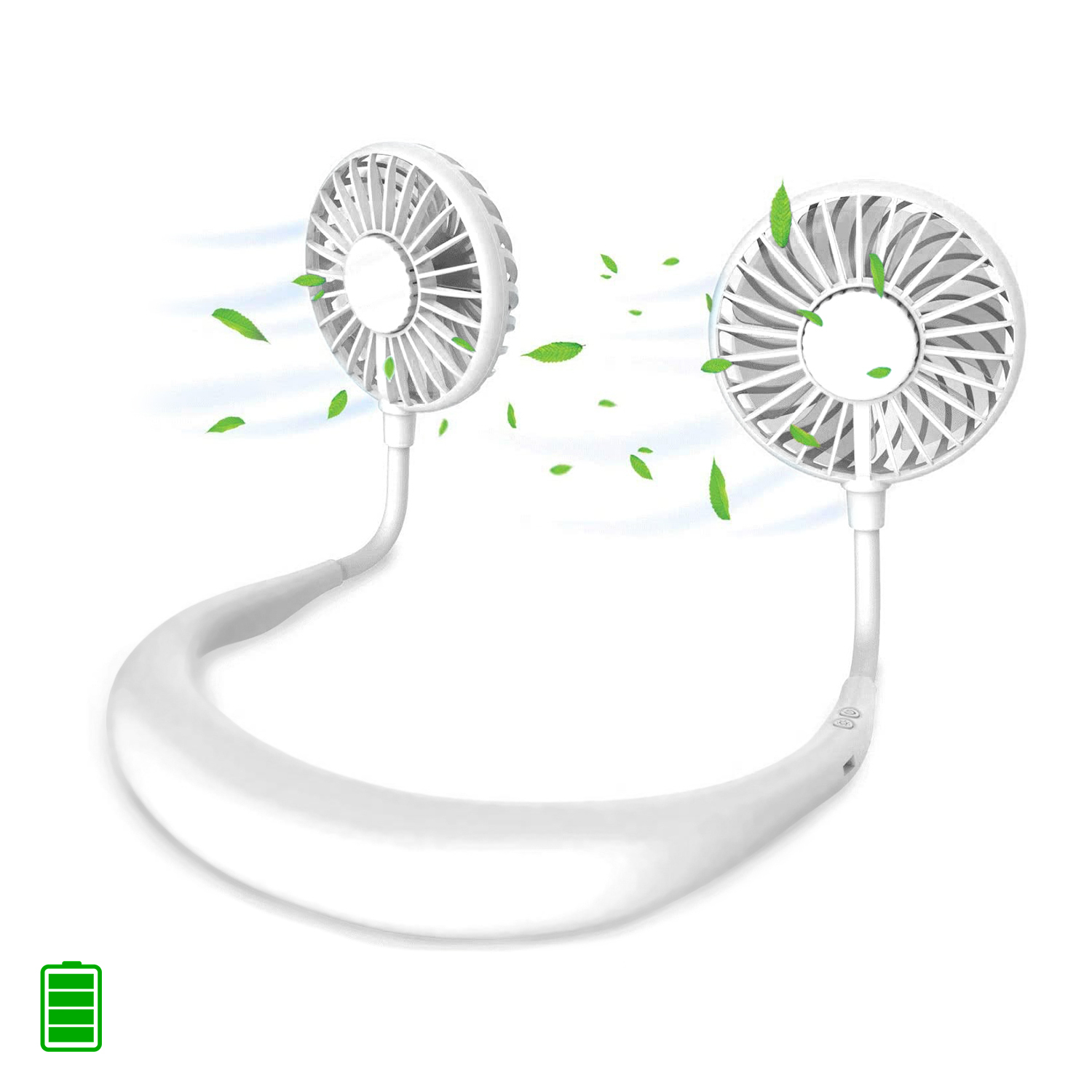 Un ventilatore da collo bianco con due ventole e contorni di foglie verdi, con un'icona della batteria.
