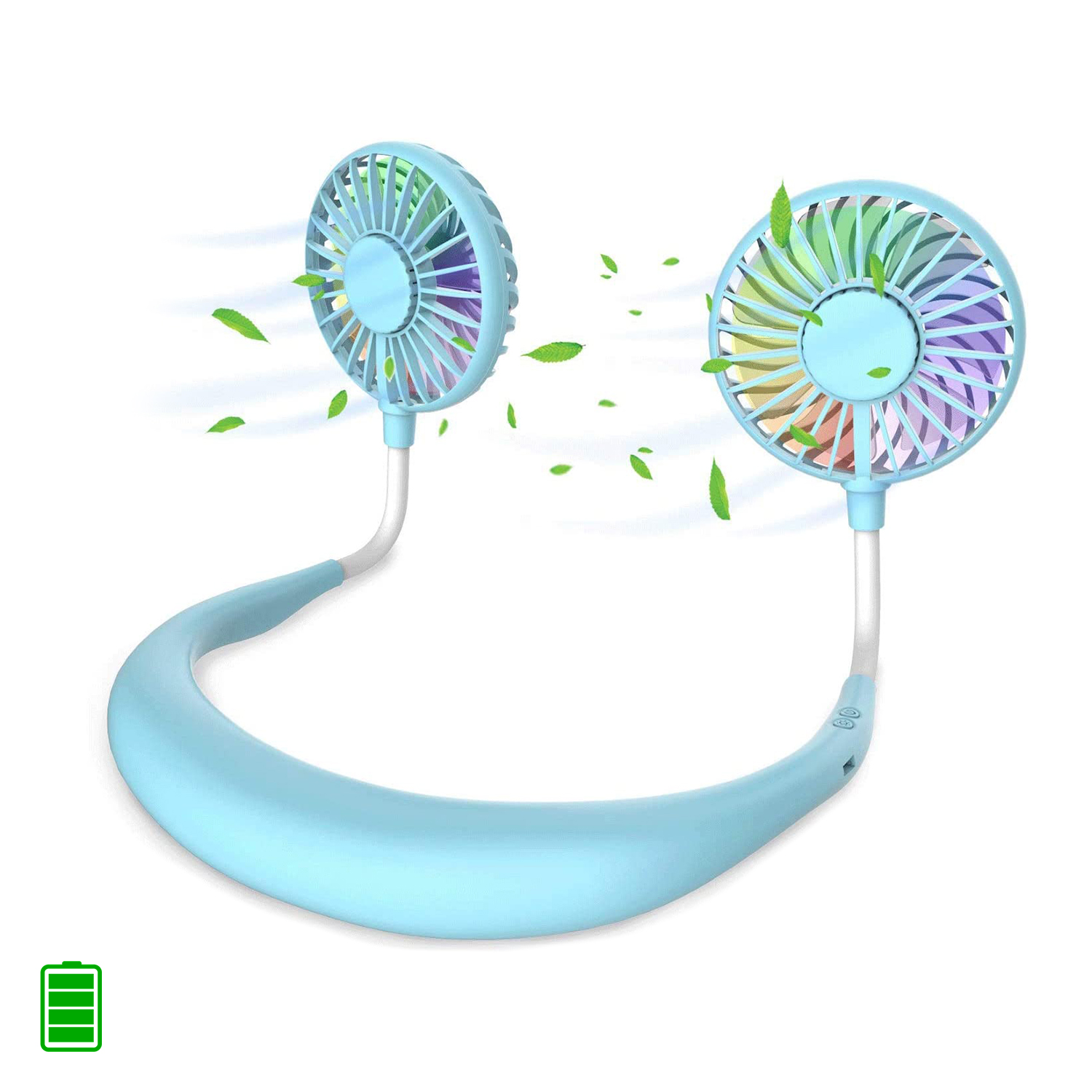 Un ventilatore da collo blu con due ventole rotanti, circondato da foglie verdi, su sfondo bianco.