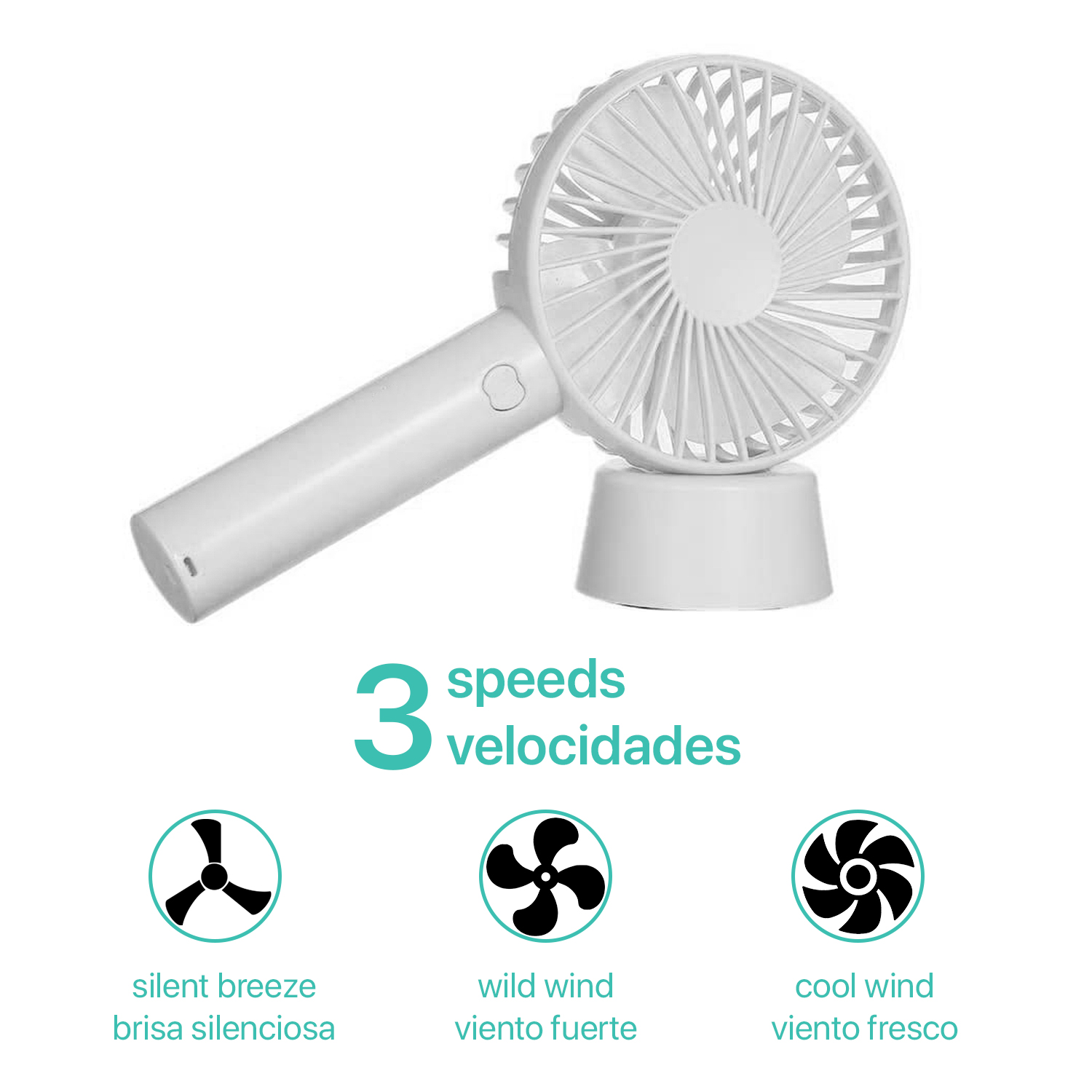 Ventilatore portatile bianco con tre velocità. La base è bianca e la ventola ha un'impugnatura.