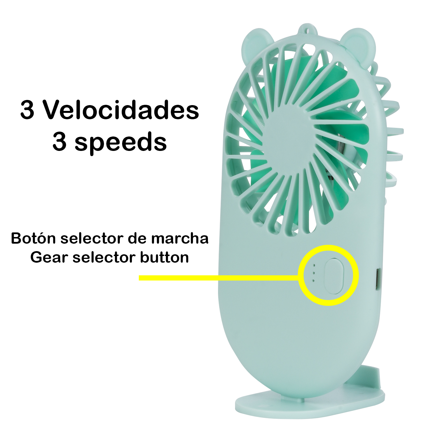 Ventilatore portatile verde menta con pulsante selettore marce, sfondo bianco.