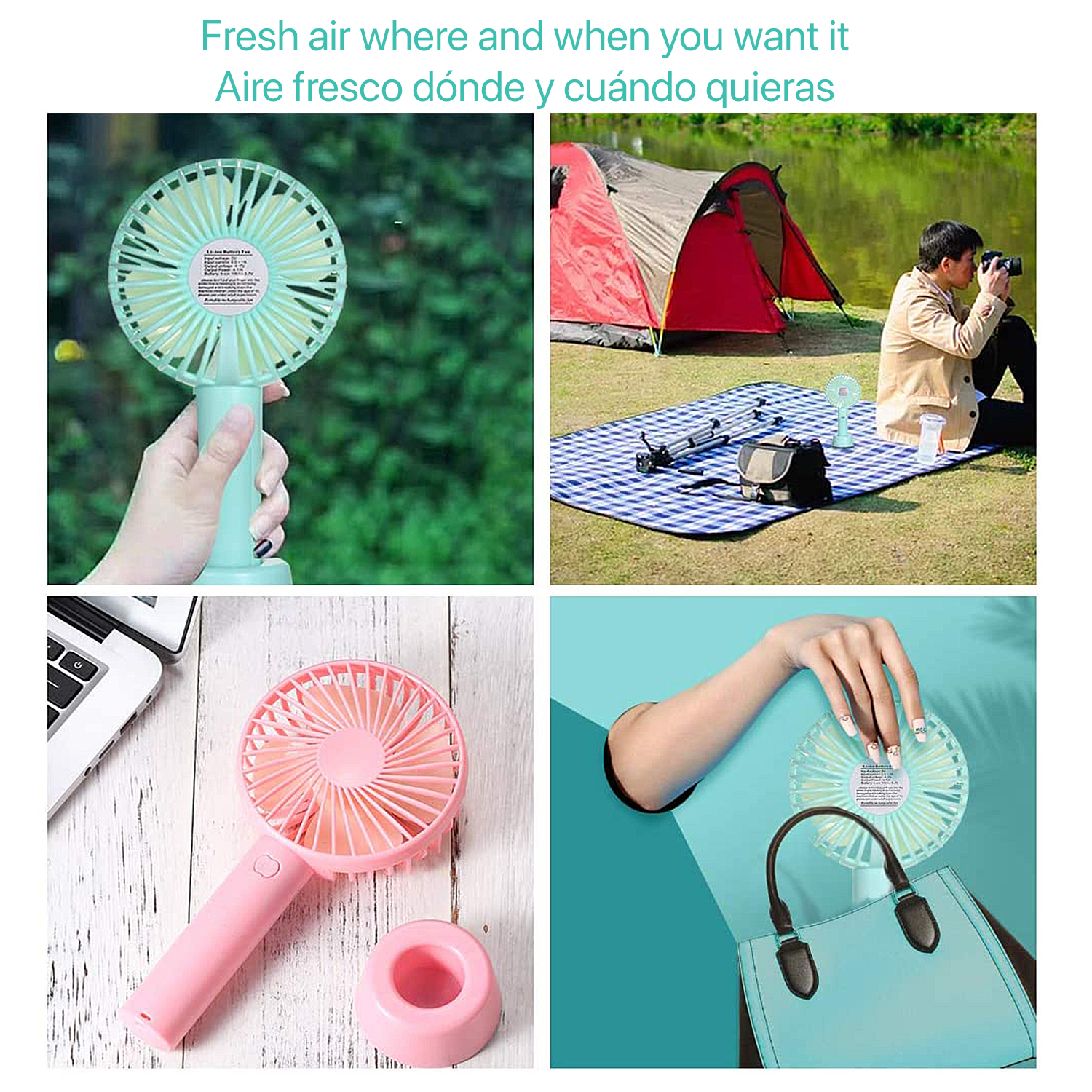 Quattro immagini che mostrano ventilatori portatili. Portatile, in una tenda, durante un picnic e su una borsa.