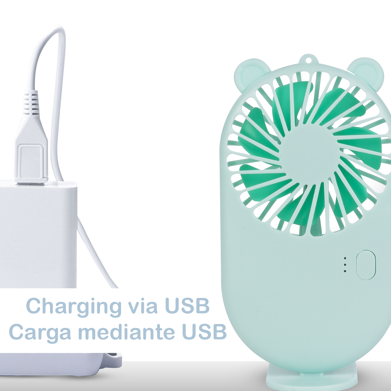 Un ventilatore portatile verde menta si sta caricando via USB.