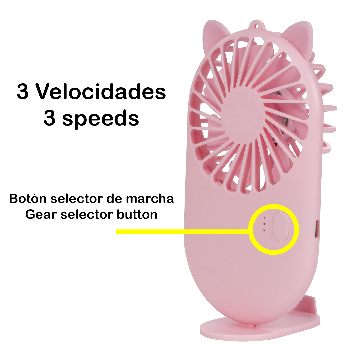 Un mini ventilatore rosa con tre velocità e un pulsante di selezione della marcia è mostrato.