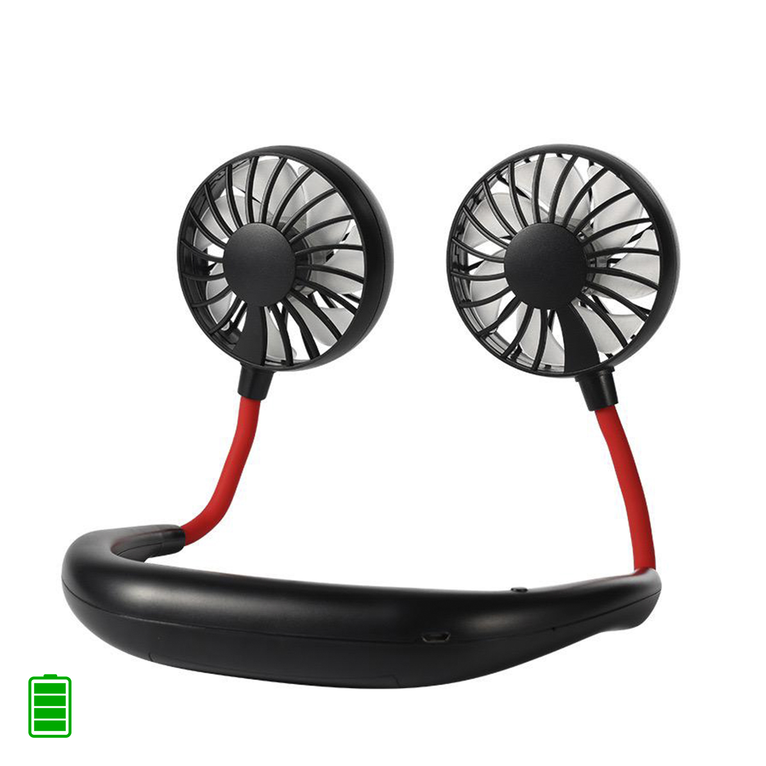 Ventilador de cuello negro y rojo con dos ventiladores y banda curva.