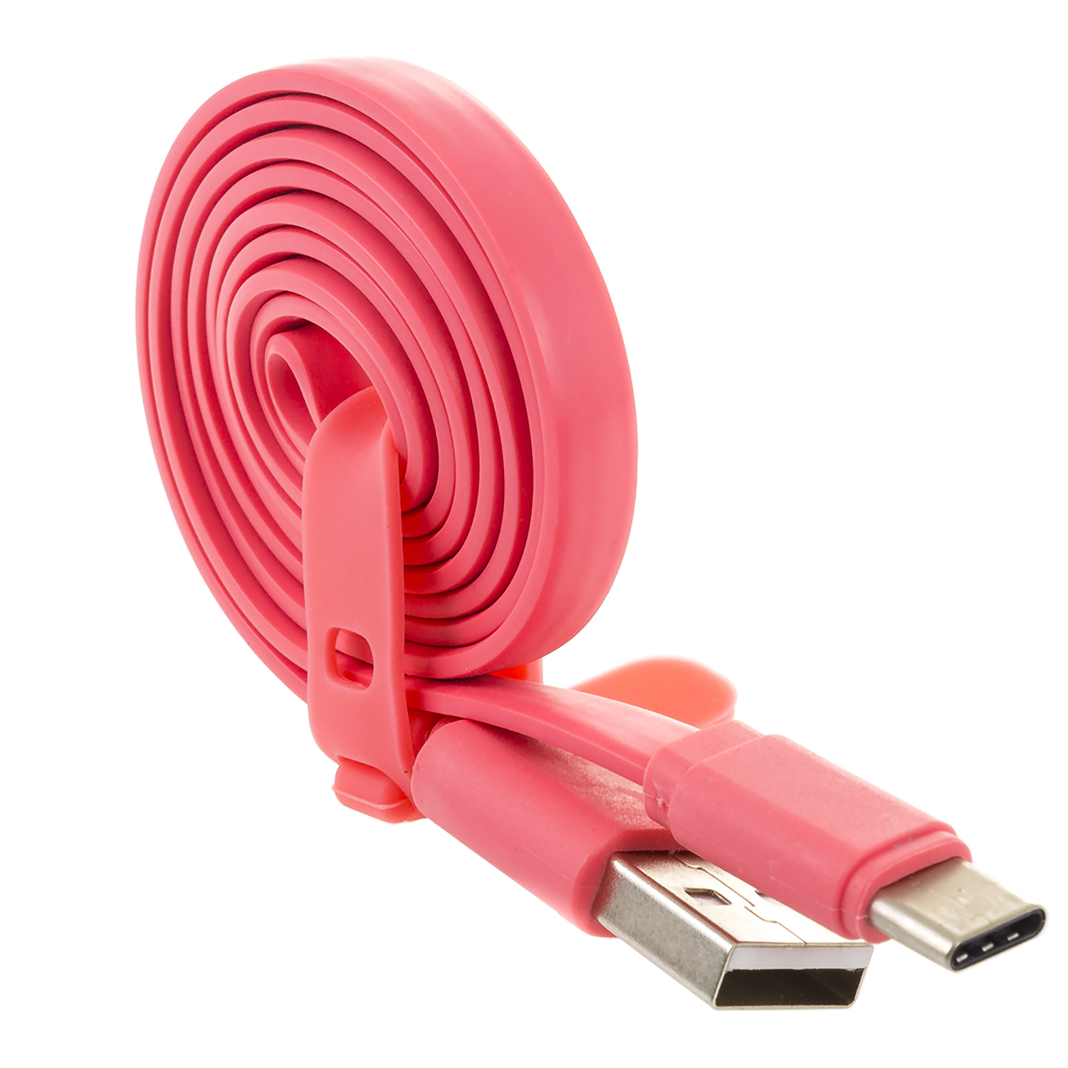 Rosa USB-Ladekabel aufgerollt mit USB- und USB-C-Anschlüssen.