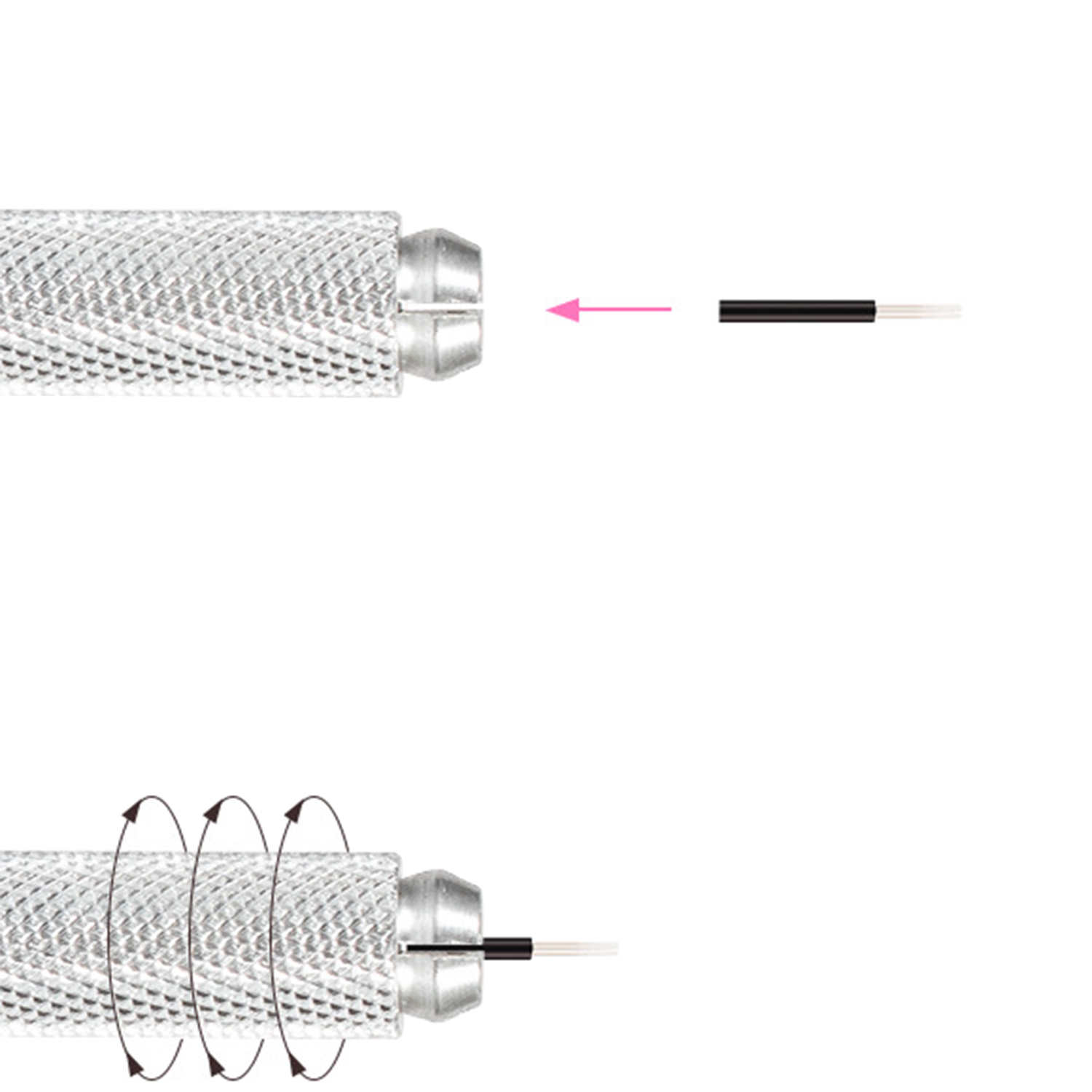 Primer plano de una herramienta metálica. Cables blancos y negros conectados. Fondo blanco.