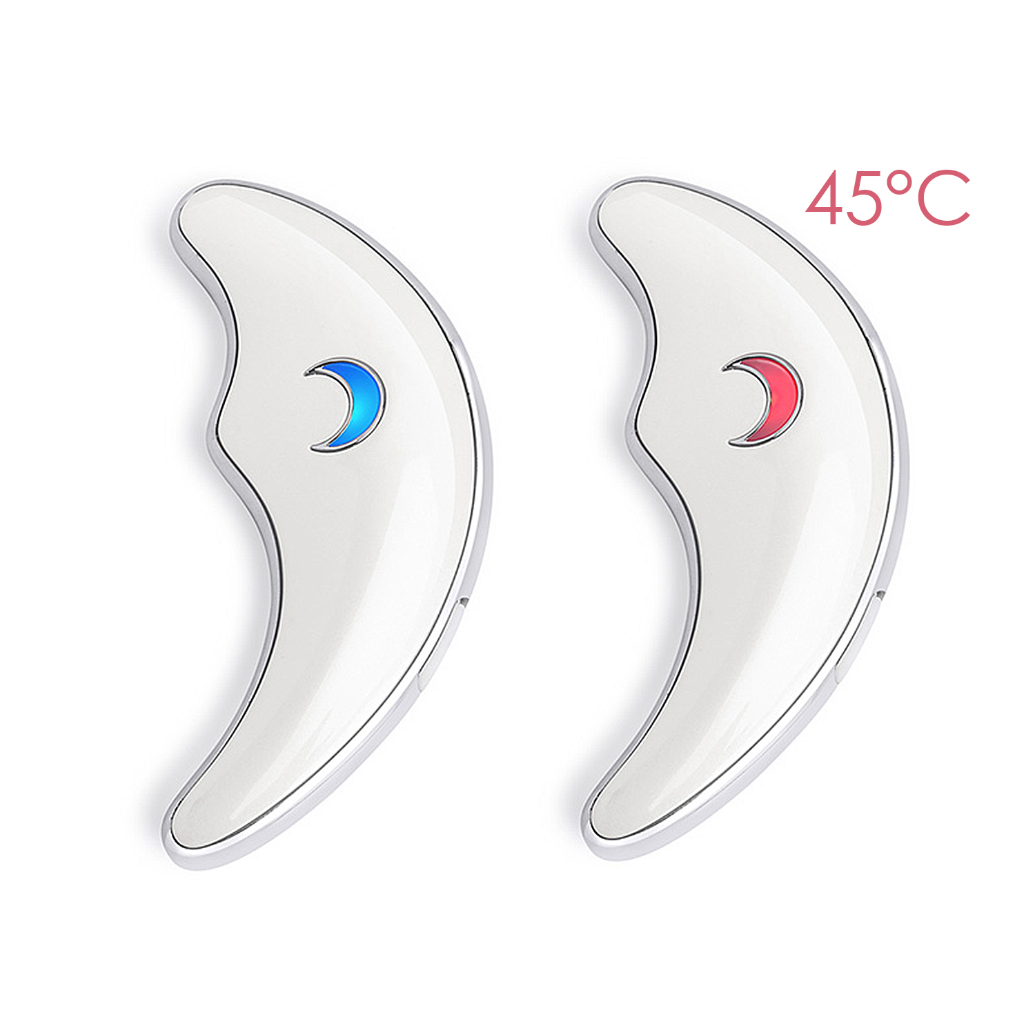 Dos masajeadores faciales blancos, forma de media luna, uno luz azul, otro roja, fondo blanco.