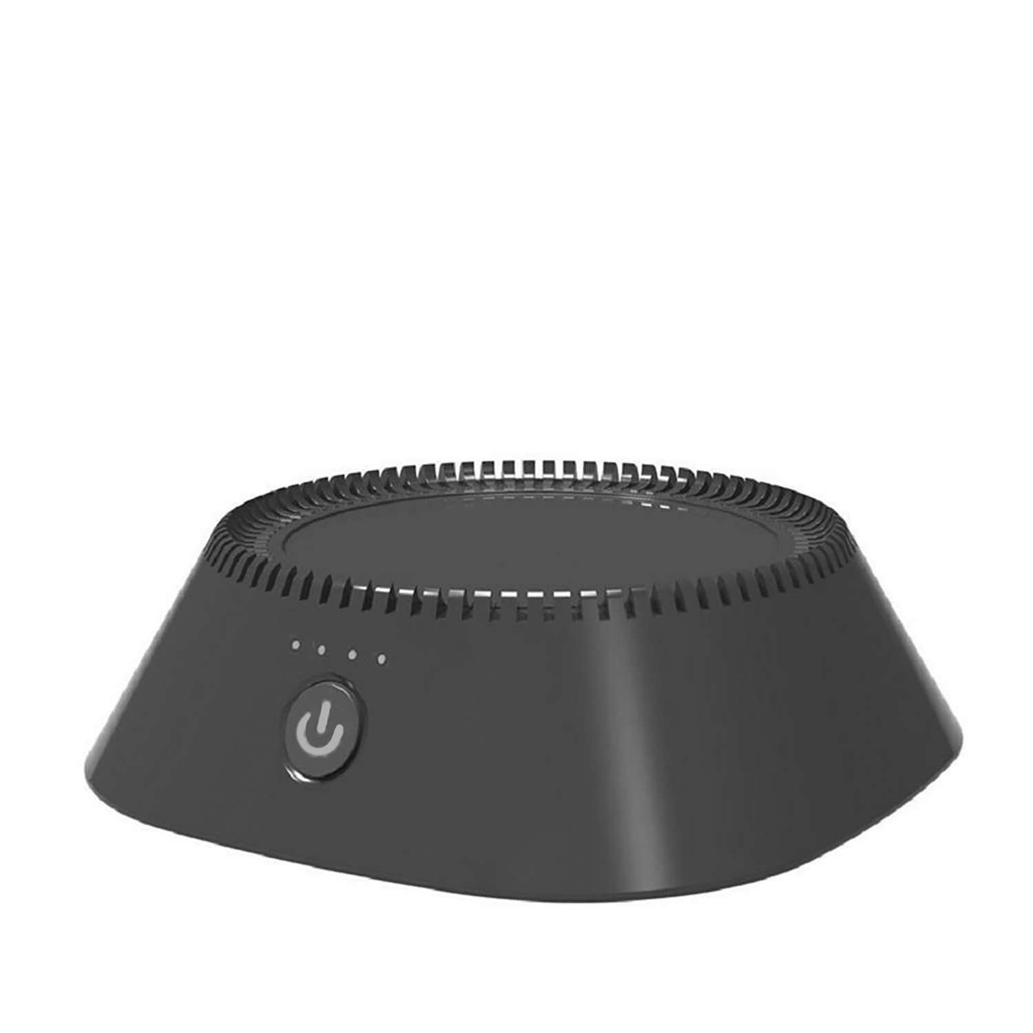 Un dispositivo negro, redondeado y cilíndrico con un botón de encendido y tres luces indicadoras.