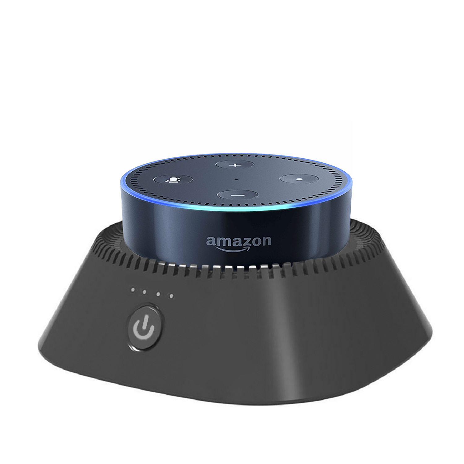 Un Amazon Echo Dot sobre una base negra, con un botón de encendido.